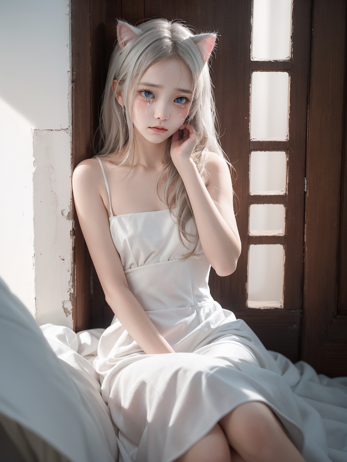 (aesthetic, digital art),a digital illustration of a cat-girl with long white hair,dressed in a white dress,huddled in a corner and crying,(anime style:1.2),teary-eyed expression,(cat ears:1.2),adorable and vulnerable features,(emotional:1.1),heart-wrenching atmosphere,(white dress:1.2),flowing fabric accentuating her delicate figure,(loneliness:1.3),isolated and desolate setting,(sadness:1.2),tears streaming down her face,(empathy:1.1),evoking a sense of compassion,(corner:1.3),curled up in a small space,(hair covering face:1.2),concealing her emotions,(subtle lighting:1.1),soft and muted colors,(emotional storytelling:1.2),capturing a moment of vulnerability and sadness.,ears down,blue eyes,eyesseye,