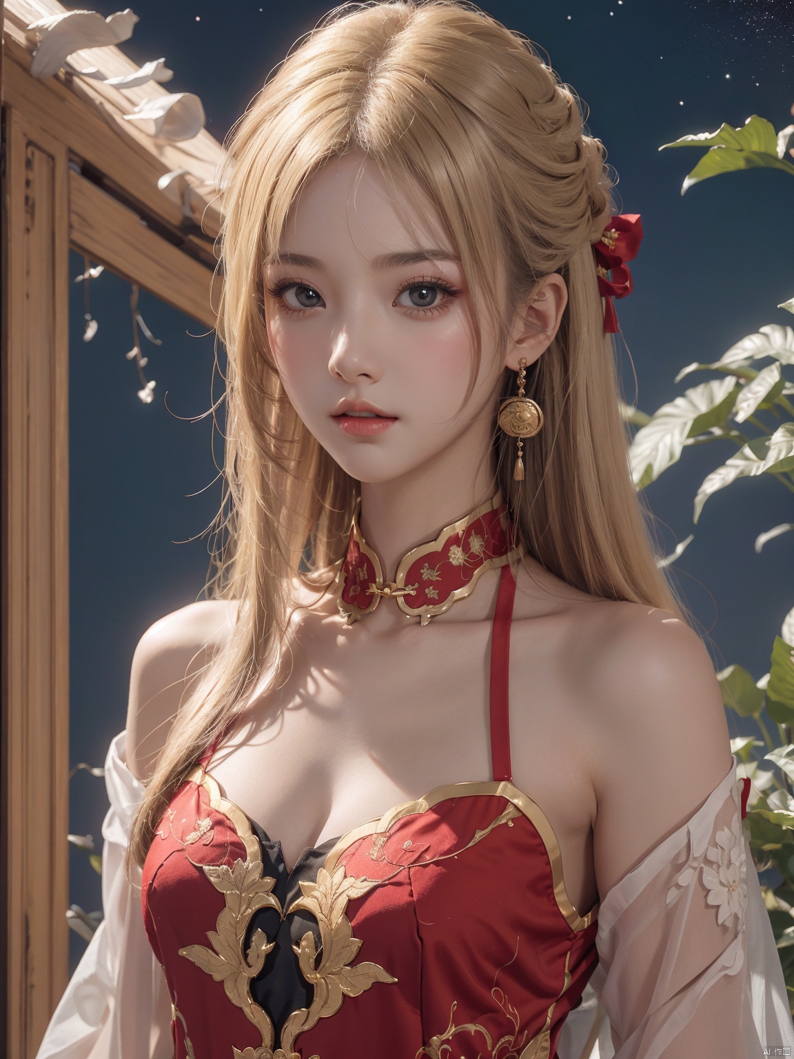  1 girl,****_female , (medium breasts:), upper body,(masterpiece, top quality, best quality, official art, beautiful and aesthetic), (1girl),extreme detailed eyes, (fractal art:1.3), highest detailed, (perfect face), shiny skin, HDR, galaxy, (light streaks), striking visuals,tutututu, see-through, (cheongsam), cheongsam, tutututu, girl,red earrings,red jewelry, 1 girl, blonde hair,1girl, Nebula