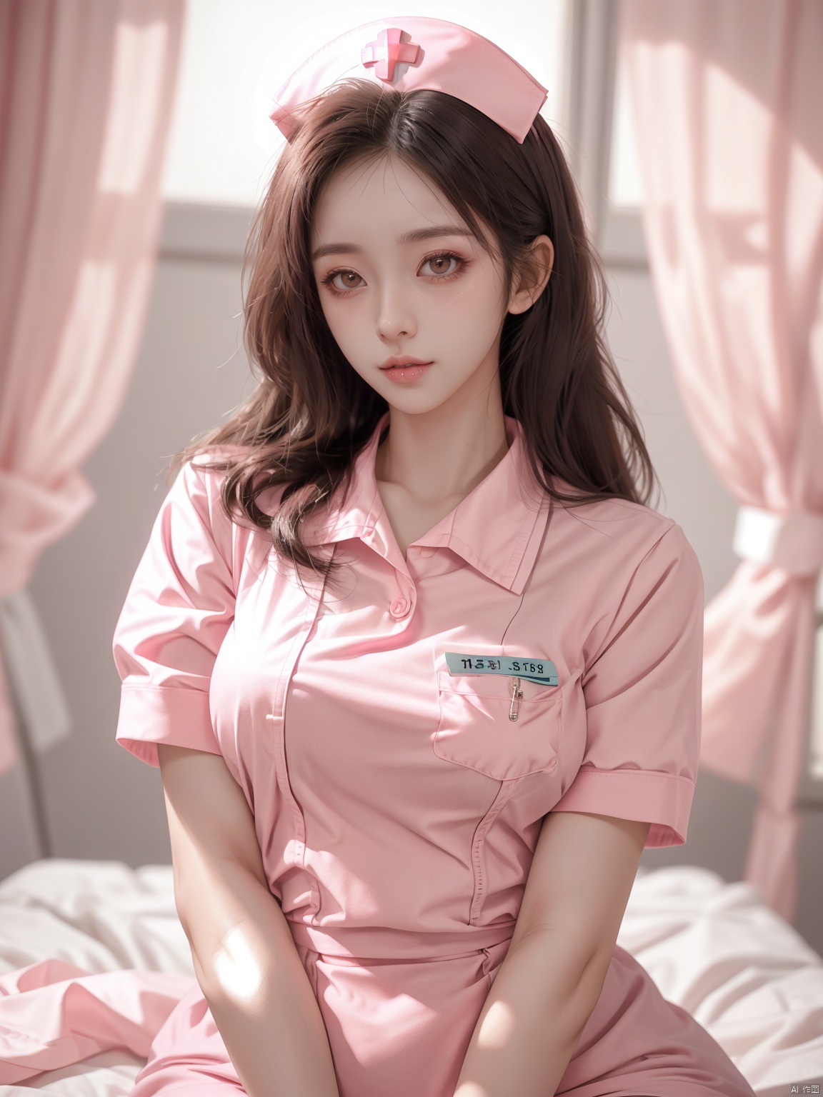  masterpiece, 1 girl, Lovely, Sweet, Long hair, nurse, looking at viewer, pink dress, Pink nurse's uniform, realistic, textured skin, super detail, best quality,