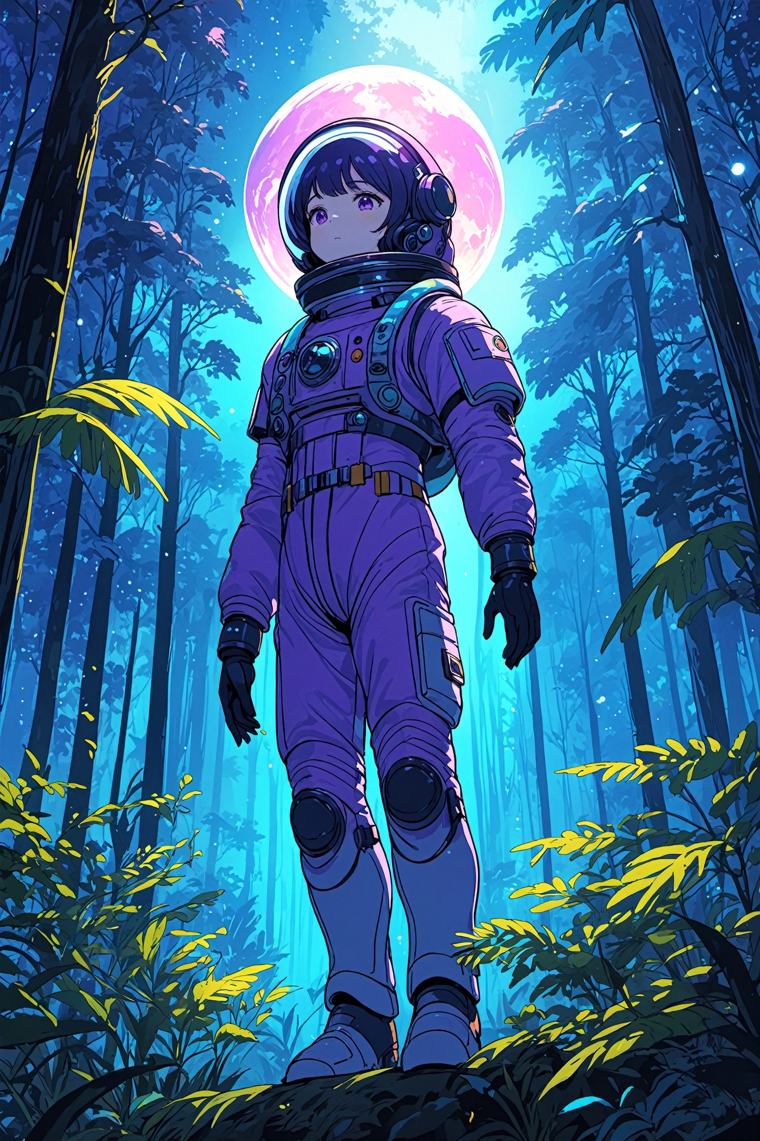 an artist's illustrative illustration of a spacenaut standing on top of a forest, in the style of nightcore, tropical landscapes, vibrant illustrations, purple and blue, 32k uhd, illustration, anime art