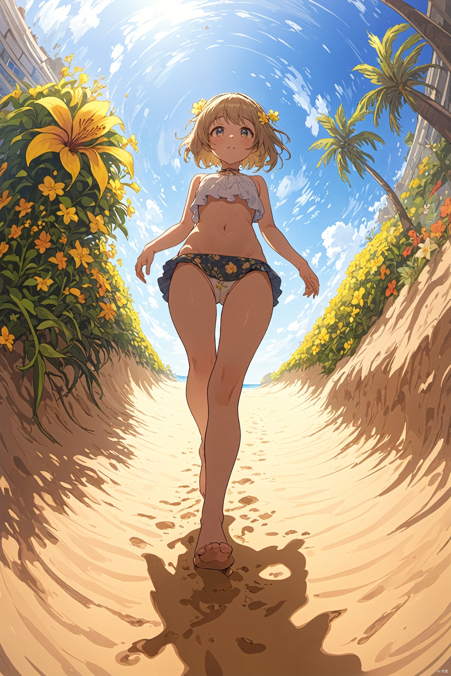  masterpiece,best quality,ultra-detailed,1girl,from below,full body,Fisheye lens,walking,sand,solo,,,bottomless,secret flower,(nsfw:1.2),
