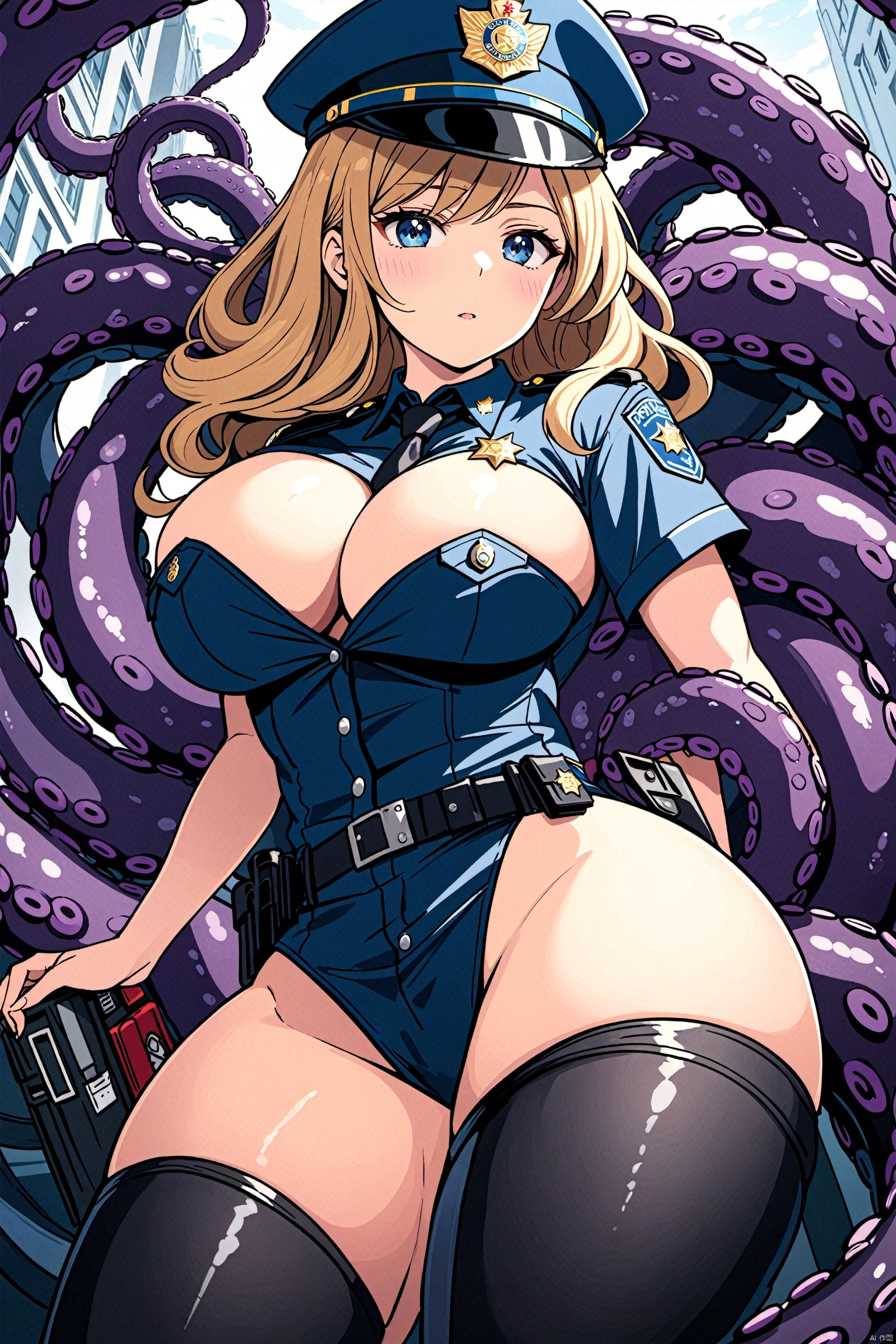 a seductive and curvaceous female police officer with a large breasts who accidentally enters the tentacle nest on Tensor.Art