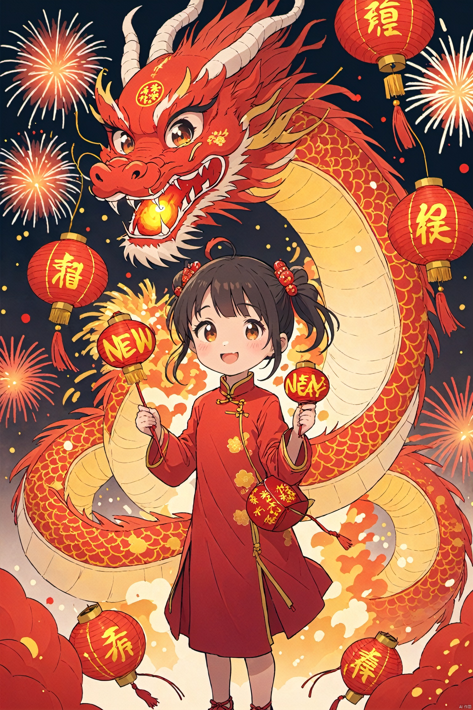  1 girl, red dress, Chinese New Year, lantern, cute Chinese dragon, fireworks, firecrackers, Happy Chinese New Year, (lantern says "New Year": 1.5)