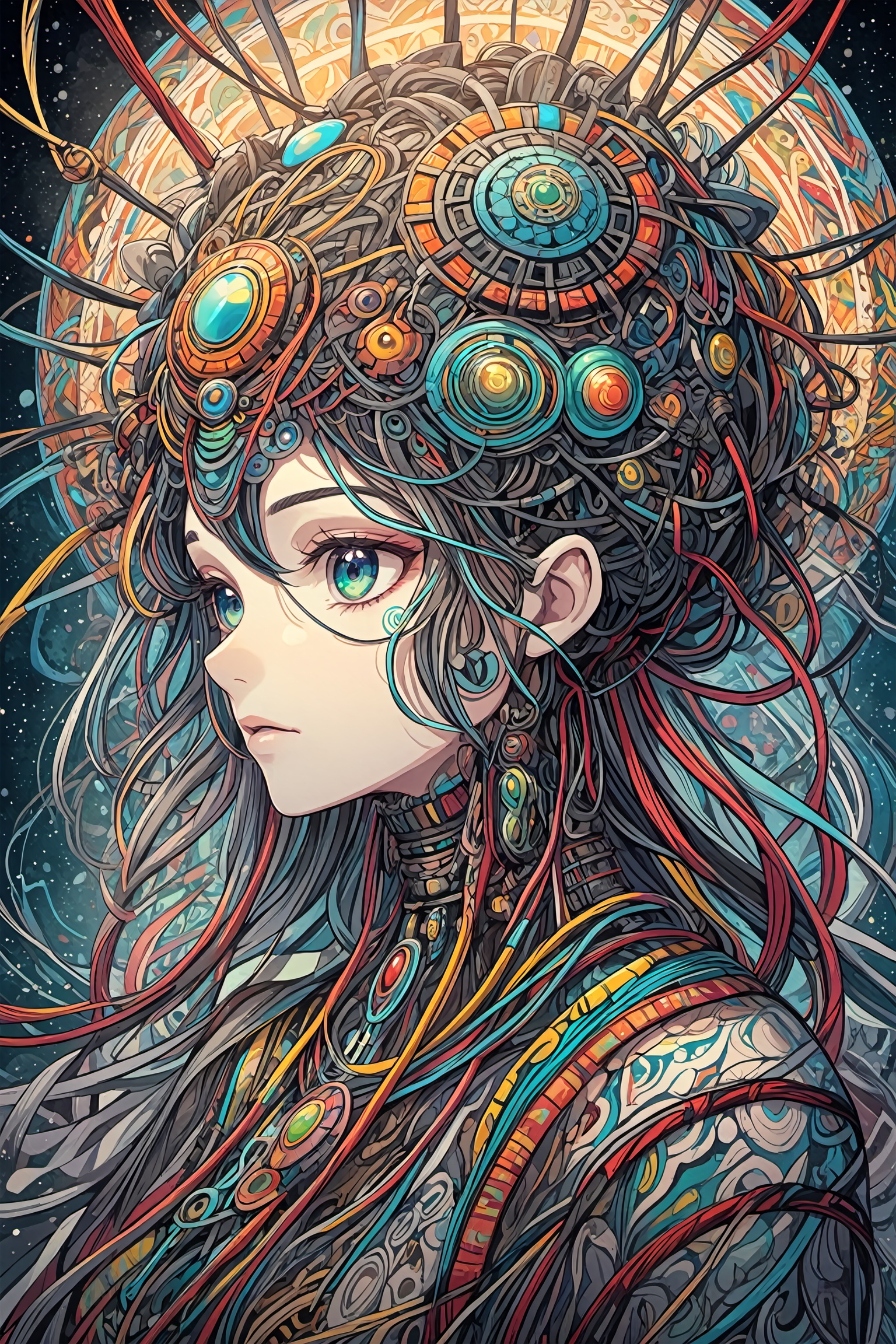 themes such as the power of the subconscious mind,dreams,death,eroticism,Freudian symbolism,and the intersection between human and animal are often explored in surrealist paintings.,official art,unity 8k wallpaper,ultra detailed,beautiful and aesthetic,masterpiece,best quality,(zentangle, mandala, tangle, entangle),extremely detailed (dynamic angle),masterpiece,post-apocalyptic world,biomechanic,hyperrealistic, menacing gaze,(wires and cables attaching to neck:1.2),(wires and cables on head:1.2)(character focus),science fiction,extreme detailed,colorful,highest detailed,