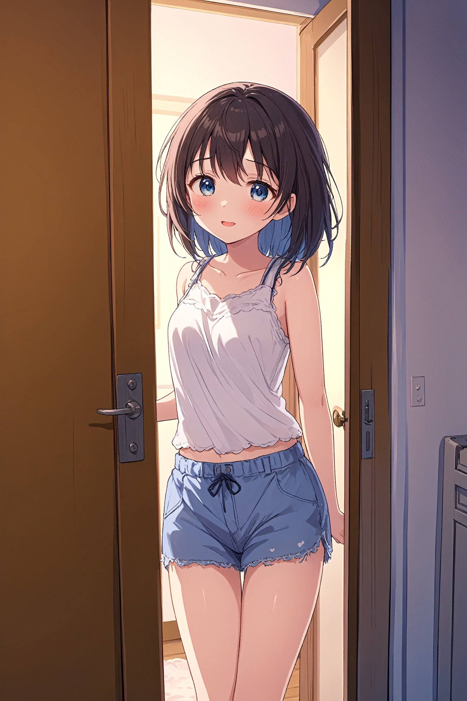 a girl standing in front of a door,cute anime girl portrait,**********,Sayori from Doki,blue mood,messy clothes,summer night,in her room,embarrassed expression,revealing clothes,Happy Valentine,tired expression,brunette girl,bright summer day,through my eyes,clothes,