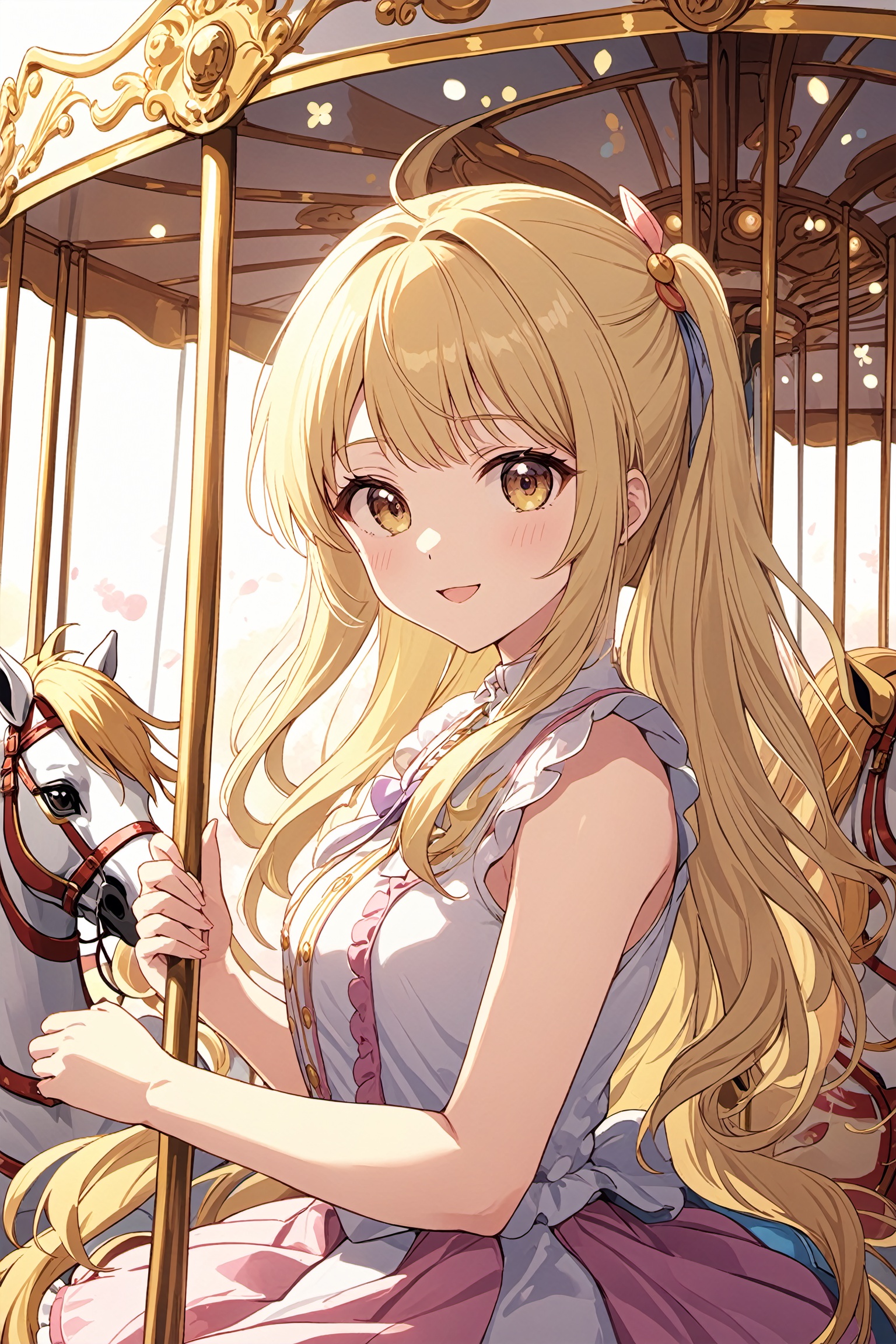 ultra-detailed,(best quality),((masterpiece)),(highres),original,extremely detailed 8K wallpaper,(an extremely delicate and beautiful),
anime,
\\,
BREAK
1girl,beautiful,blonde hair,happy,on a carousel,anime style,nice,perfect,finely detailed,aesthetic,ideal,impeccable,