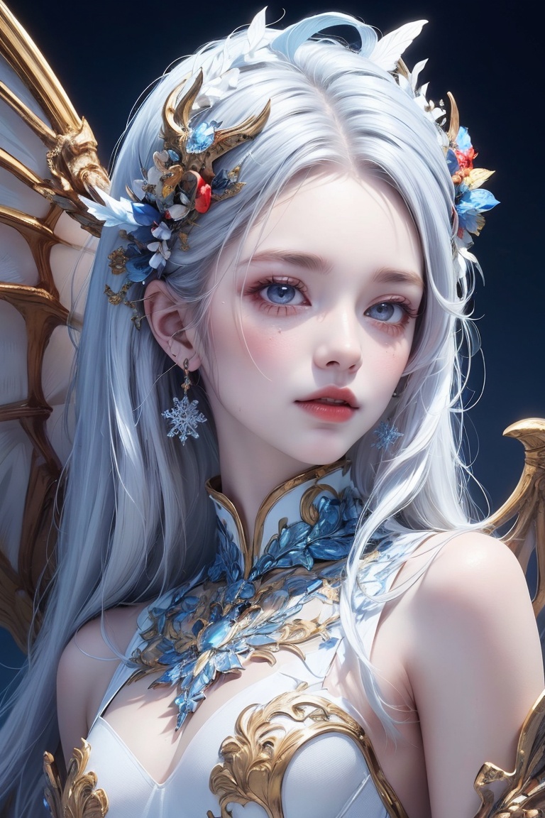  ((best quality)), ((masterpiece)), ((ultra-detailed)), extremely detailed CG, (illustration), ((detailed light)), (an extremely delicate and beautiful), a girl, solo, ((upper body,)), ((cute face)), expressionless, (beautiful detailed eyes), blue dragon eyes, (Vertical pupil:1.2), white hair, shiny hair, colored inner hair, (Dragonwings:1.4), [Armor_dress], blue wings, blue_hair ornament, ice adorns hair, [dragon horn], depth of field, [ice crystal], (snowflake), [loli], [[[[[Jokul]]]]], white shirt, liuguang, white pantyhose, (tutututu), dofas