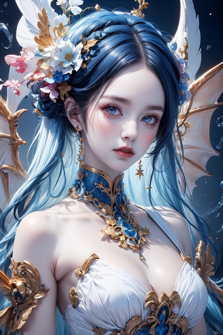  ((best quality)), ((masterpiece)), ((ultra-detailed)), extremely detailed CG, (illustration), ((detailed light)), (an extremely delicate and beautiful), a girl, solo, ((upper body,)), ((cute face)), expressionless, (beautiful detailed eyes), blue dragon eyes, (Vertical pupil:1.2), white hair, shiny hair, colored inner hair, (Dragonwings:1.4), [Armor_dress], blue wings, blue_hair ornament, ice adorns hair, [dragon horn], depth of field, [ice crystal], (snowflake), [loli], [[[[[Jokul]]]]], white shirt, liuguang, white pantyhose, (tutututu), dofas