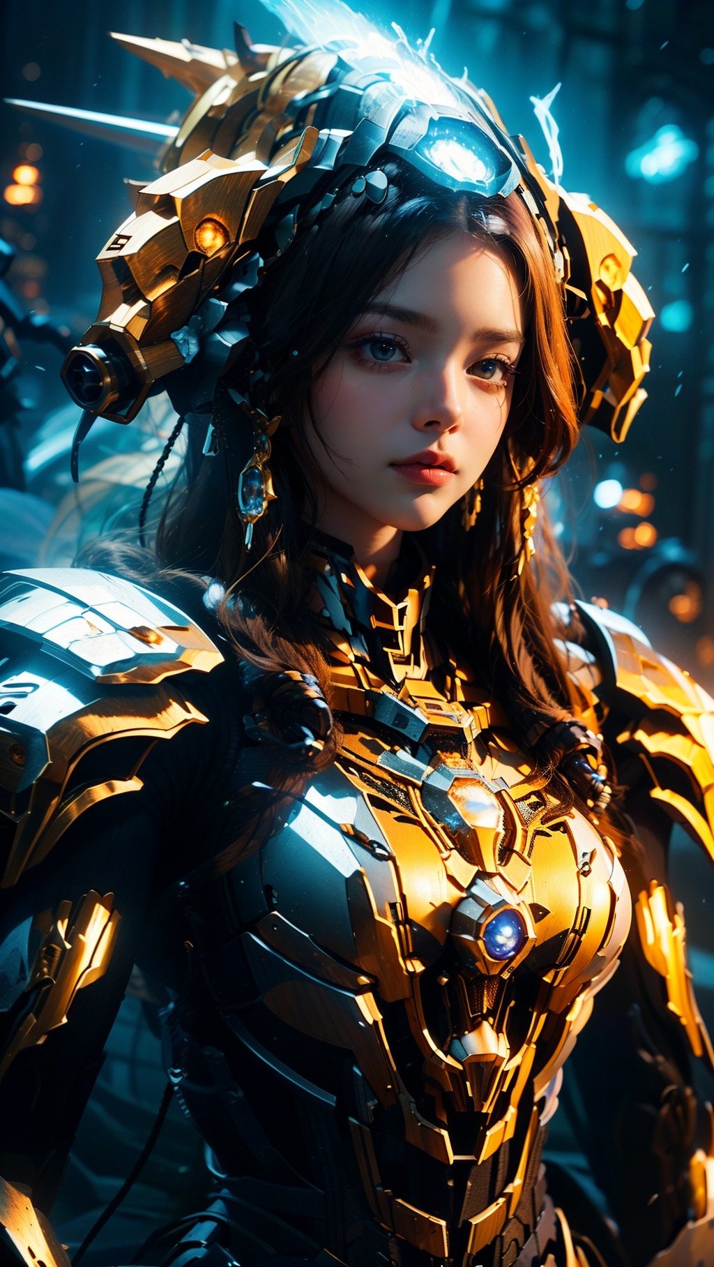 Steampunk mecha,1girl, blue eyes, breasts, brown hair, closed mouth,Mecha, lips, long hair, medium breasts, realistic, solo, upper body,Complex mecha,The mecha weapon on the head,Mechanical earphones,Above the abdomen