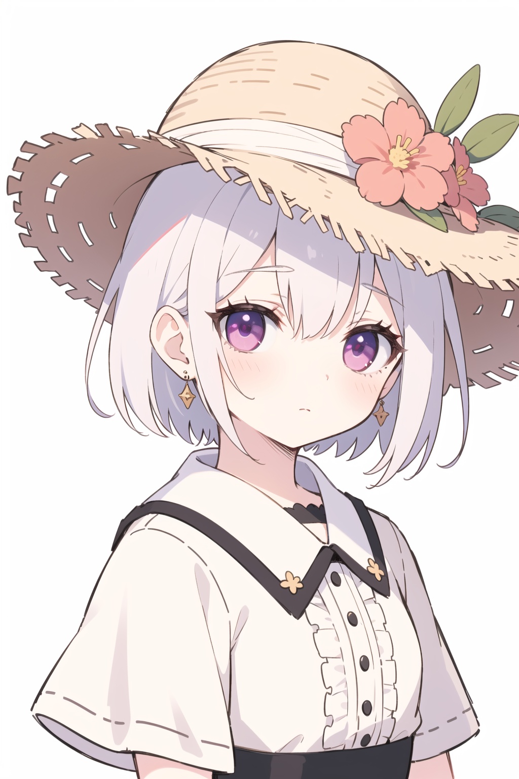  Straw hat,quality_best, style_onineko, (Distinct pupils)(Clear eyes), 1girl, solo, c, earrings, looking at viewer, flower, short hair, bangs, closed mouth, simple background, black headwear, white background, red flower, upper body, white hair, hair intakes, frills, purple eyes, hair ornament, expressionless, hat flower, eyelashes, best quality