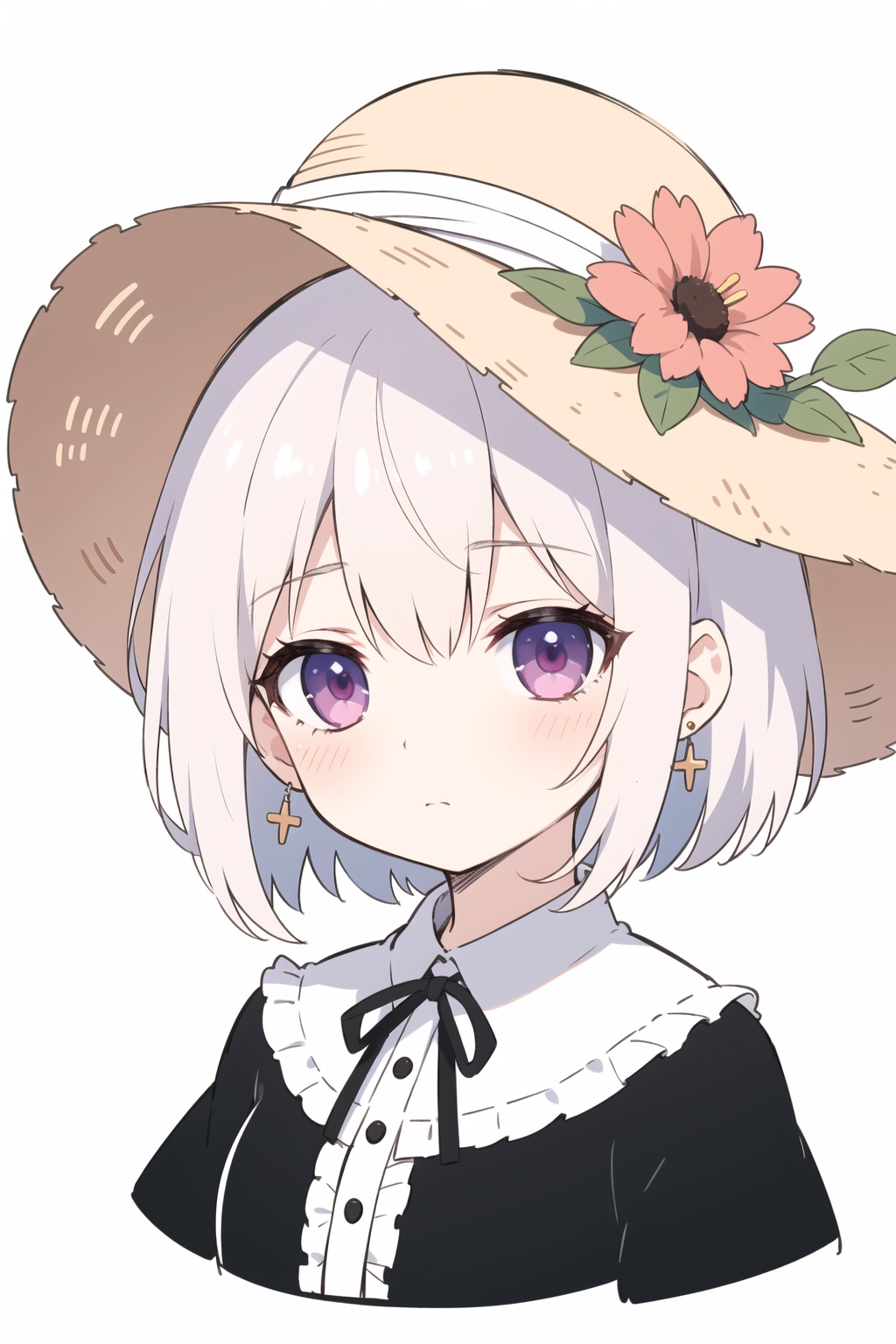  Straw hat,quality_best, style_onineko, (Distinct pupils)(Clear eyes), 1girl, solo, c, earrings, looking at viewer, flower, short hair, bangs, closed mouth, simple background, black headwear, white background, red flower, upper body, white hair, hair intakes, frills, purple eyes, hair ornament, expressionless, hat flower, eyelashes, best quality