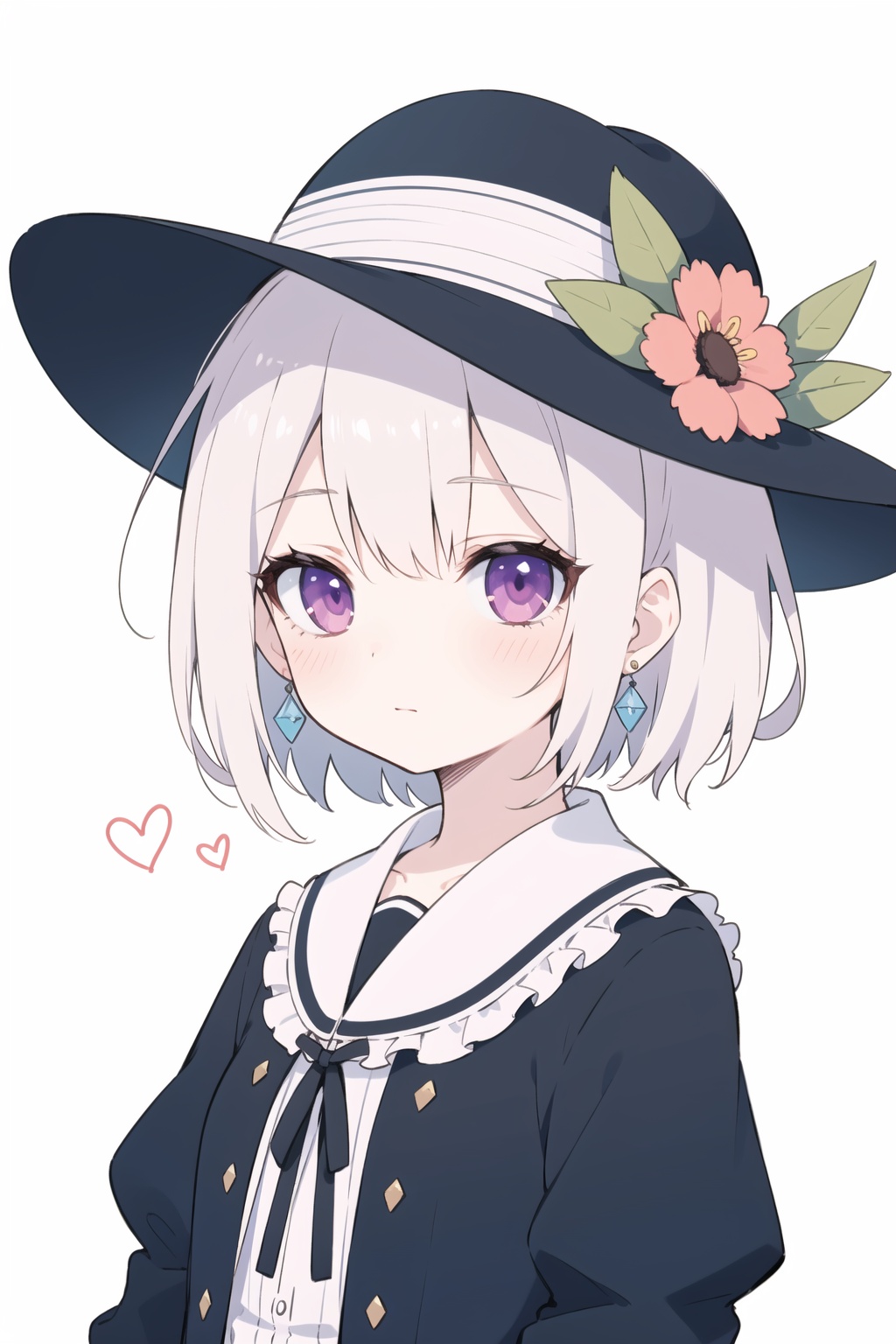  Straw hat,quality_best, style_onineko, (Distinct pupils)(Clear eyes), 1girl, solo, c, earrings, looking at viewer, flower, short hair, bangs, closed mouth, simple background, black headwear, white background, red flower, upper body, white hair, hair intakes, frills, purple eyes, hair ornament, expressionless, hat flower, eyelashes, best quality