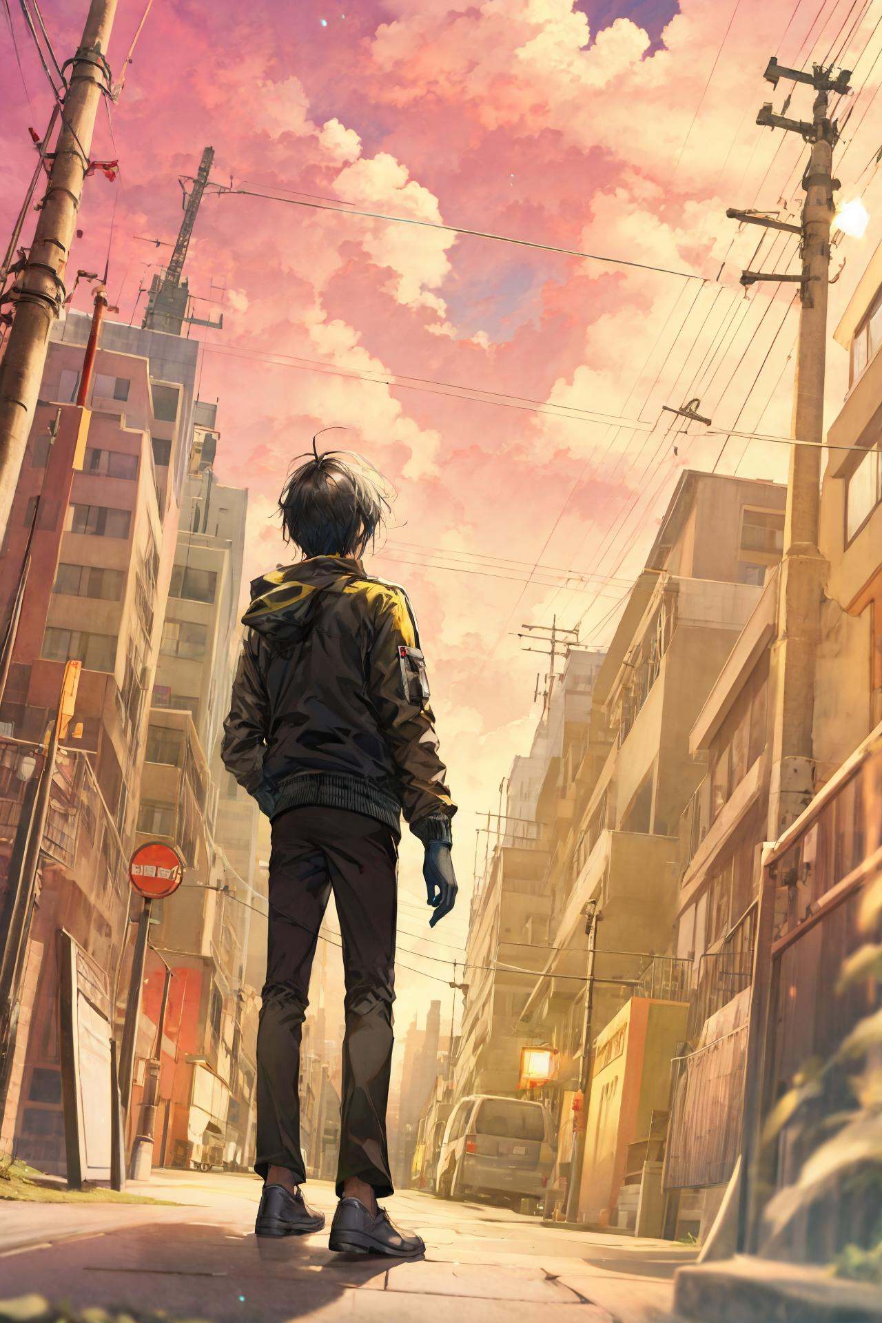 scenery, sky, cloud, outdoors, sunset, cloudy sky, building, power lines, cityscape, city, utility pole, crane (machine), gradient sky ,1boy, solo, male focus, gloves, pants, black pants, black gloves, black hair, from behind, long sleeves, standing, jacket, crystal, light particles, facing away, wide shot, short hair  <lora:TorinoEX-000062:1>, <lora:﷿丽的光影:0.2>,<lora:add_detail:0.35>, <lora:adaptedmodel:0.35>