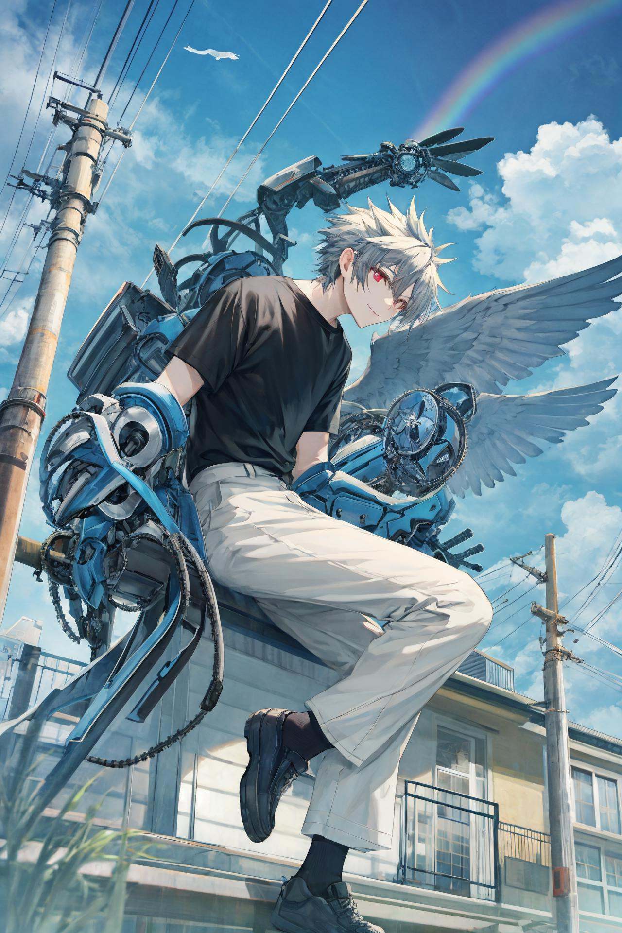 scenery, cloud, outdoors, sky, rainbow, house, blue sky, power lines, utility pole, day, building, tree, cloudy sky, cumulonimbus cloud, bird, solo, shirt, white shirt, summer, school uniform, artist name, short sleeves, skirt ,1boy, male focus, solo, black background, mechanical arms, white hair, smile, pants, single mechanical arm , fire, wings, white pants, black shirt, simple background, full body, armor, jacket, red eyes , shirt, shoes  <lora:TorinoEX-000062:1>, <lora:﷿丽的光影:0.2>,<lora:add_detail:0.35>, <lora:adaptedmodel:0.35>
