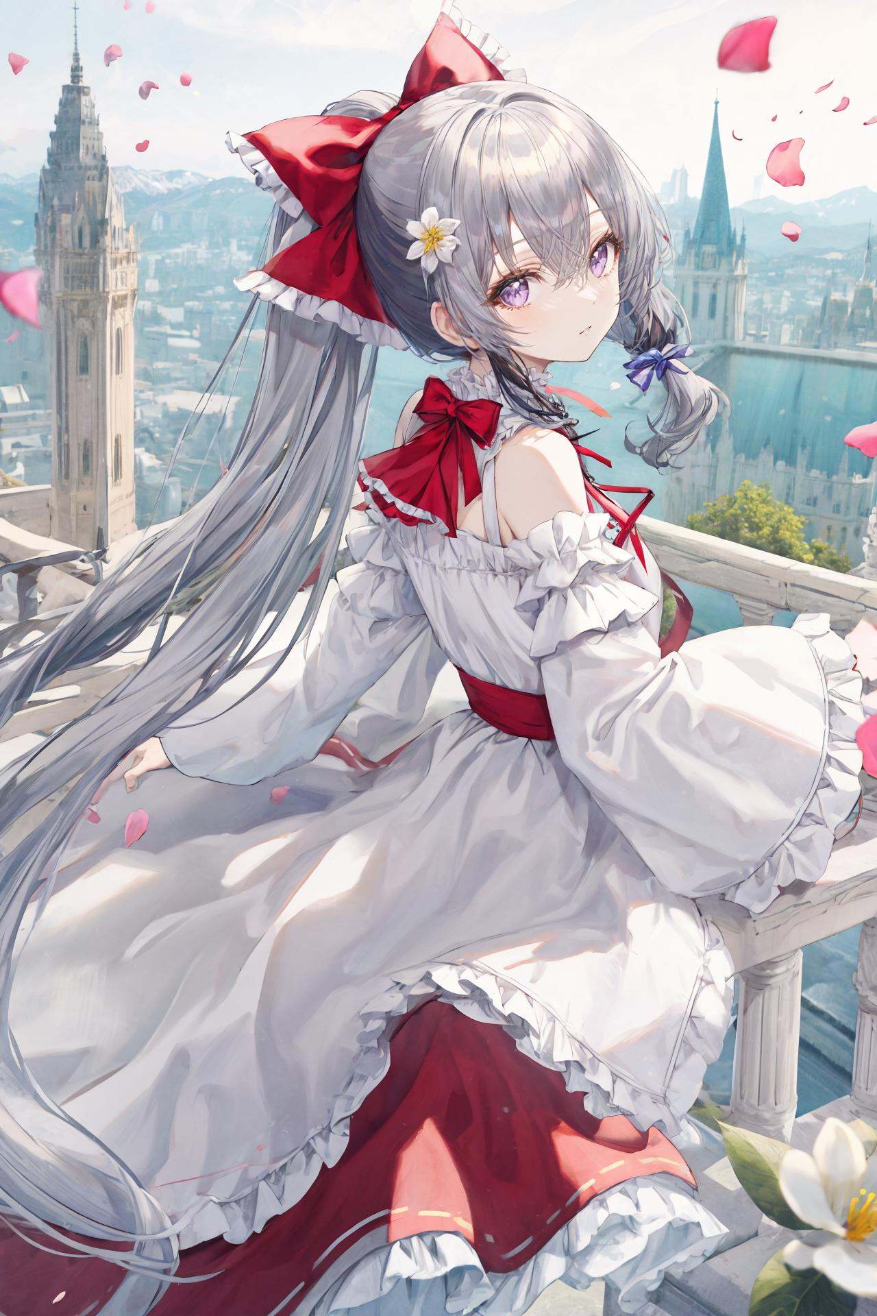 long hair, solo, flower, ribbon, shirt, dress, long sleeves, white shirt, neck ribbon, petals, outdoors, collared shirt, very long hair, white flower, black dress, pinafore dress, floating hair, bangs, purple ribbon, white hair, purple eyes, hair between eyes, outstretched arm, upper body, parted lips, blurry, sleeveless dress, closed mouth, artist name, wind, blue ribbon, grey hair, holding ,1girl, solo, high heels , white background, long hair, detached sleeves, looking back, full body, simple background, from behind, sparkle, standing, hair bow, looking at viewer, twintails, red bow, dress, frilled sleeves, bare shoulders, frills, skirt, wide sleeves, animal ears, black hair, long sleeves, ponytail, red skirt, bangs, pink bow, closed mouth  <lora:TorinoEX-000062:1>, <lora:﷿丽的光影:0.2>,<lora:add_detail:0.35>, <lora:adaptedmodel:0.35>