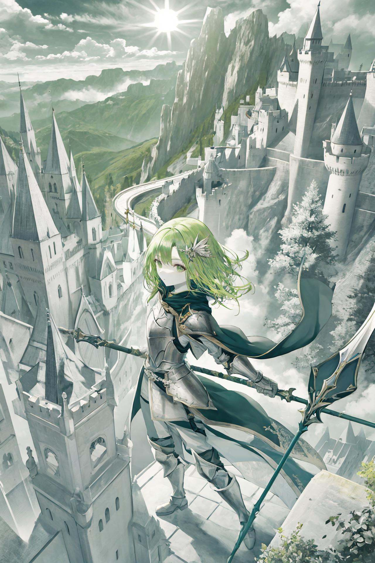 weapon, polearm, solo, long hair, scenery, castle, cloud, sky, outdoors, green hair, blonde hair, spear, cape, armor, tree, sunlight, cliff, holding, fantasy, boots ,monochrome, spot color, short hair, upper body, greyscale  <lora:TorinoEX-000062:1>, <lora:﷿丽的光影:0.2>,<lora:add_detail:0.35>, <lora:adaptedmodel:0.35>