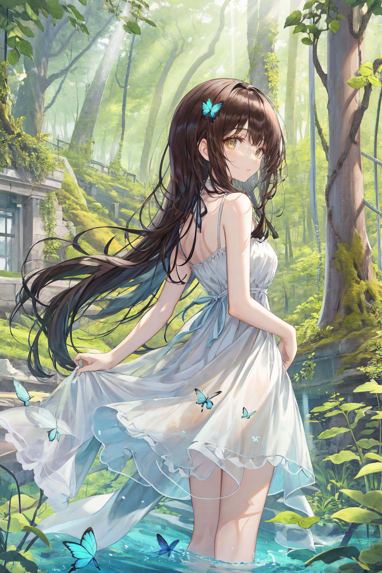 overgrown, dress, ruins, butterfly, solo, scenery, bug, sunlight, white dress, long hair, water, light rays, outdoors, nature, plant, sunbeam, tree, standing, black hair, sleeveless dress, sleeveless, day, moss, blue butterfly, post-apocalypse, animal, wading, barefoot, forest, vines, bird, fish, brown hair, sundress, from behind ,  <lora:TorinoEX-000062:1>, <lora:﷿丽的光影:0.2>,<lora:add_detail:0.35>, <lora:adaptedmodel:0.35>