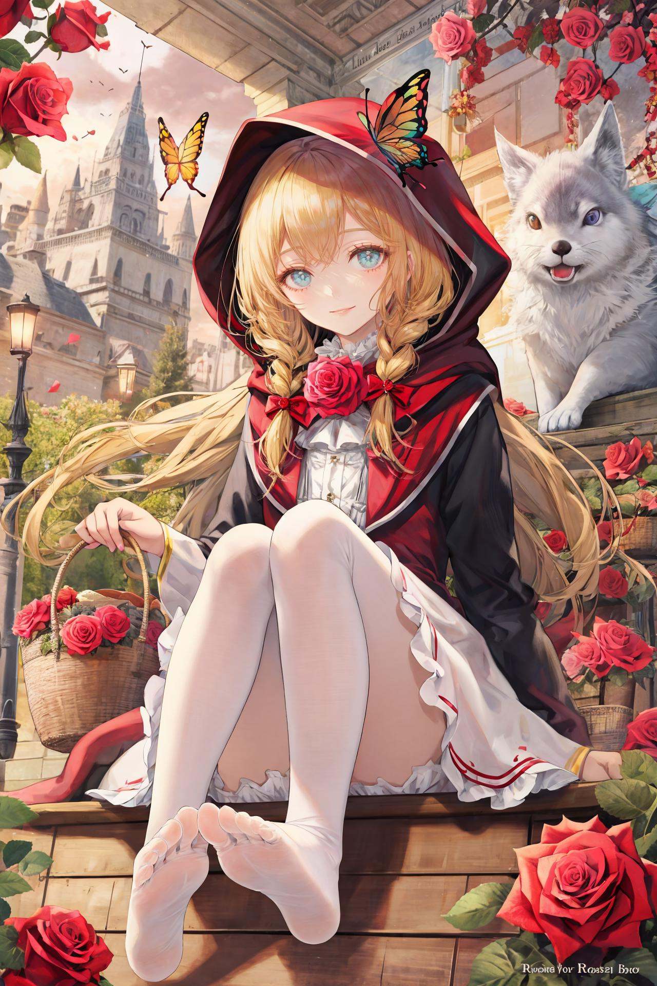 little red riding hood \(grimm\), flower, blonde hair,floating hair,light eyes, butterfly, rose, rabbit, bug, pink rose, bird, long hair, sitting, french text, hood, english text, basket, wolf, multiple girls, tree, 1girl, smile, dress, food, pink flower, white stockings bare feet <lora:TorinoEX-000062:1>, <lora:﷿丽的光影:0.2>,<lora:add_detail:0.35>, <lora:adaptedmodel:0.35>