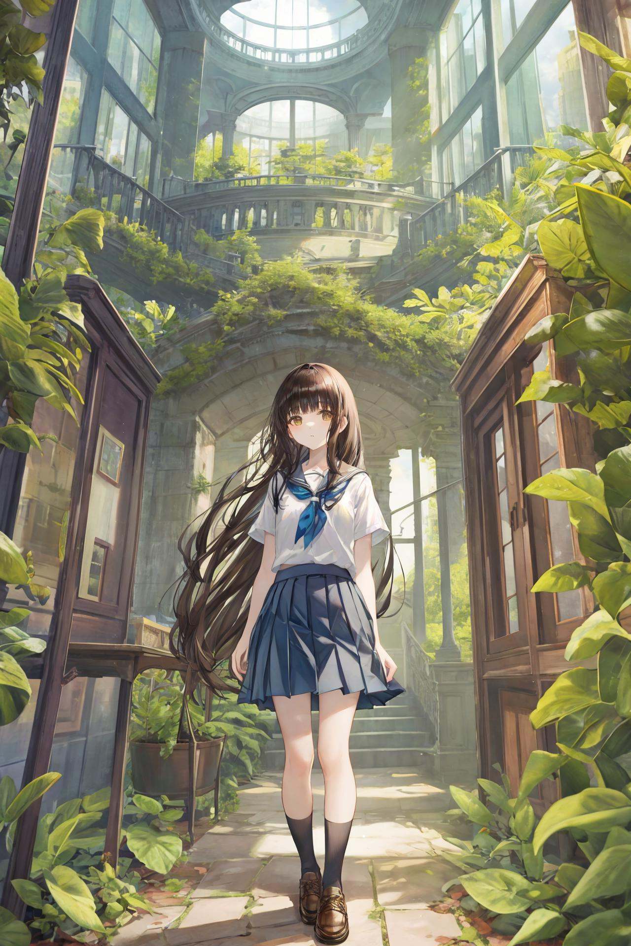 scenery, solo, overgrown, skirt, standing, school uniform, sunlight, plant, ruins, black hair, wide shot, pleated skirt, cat, tree, shirt, socks, long hair, outdoors, white shirt, blue skirt, brown hair, day, blurry, indoors, artist name, shoes ,  <lora:TorinoEX-000062:1>, <lora:﷿丽的光影:0.2>,<lora:add_detail:0.35>, <lora:adaptedmodel:0.35>