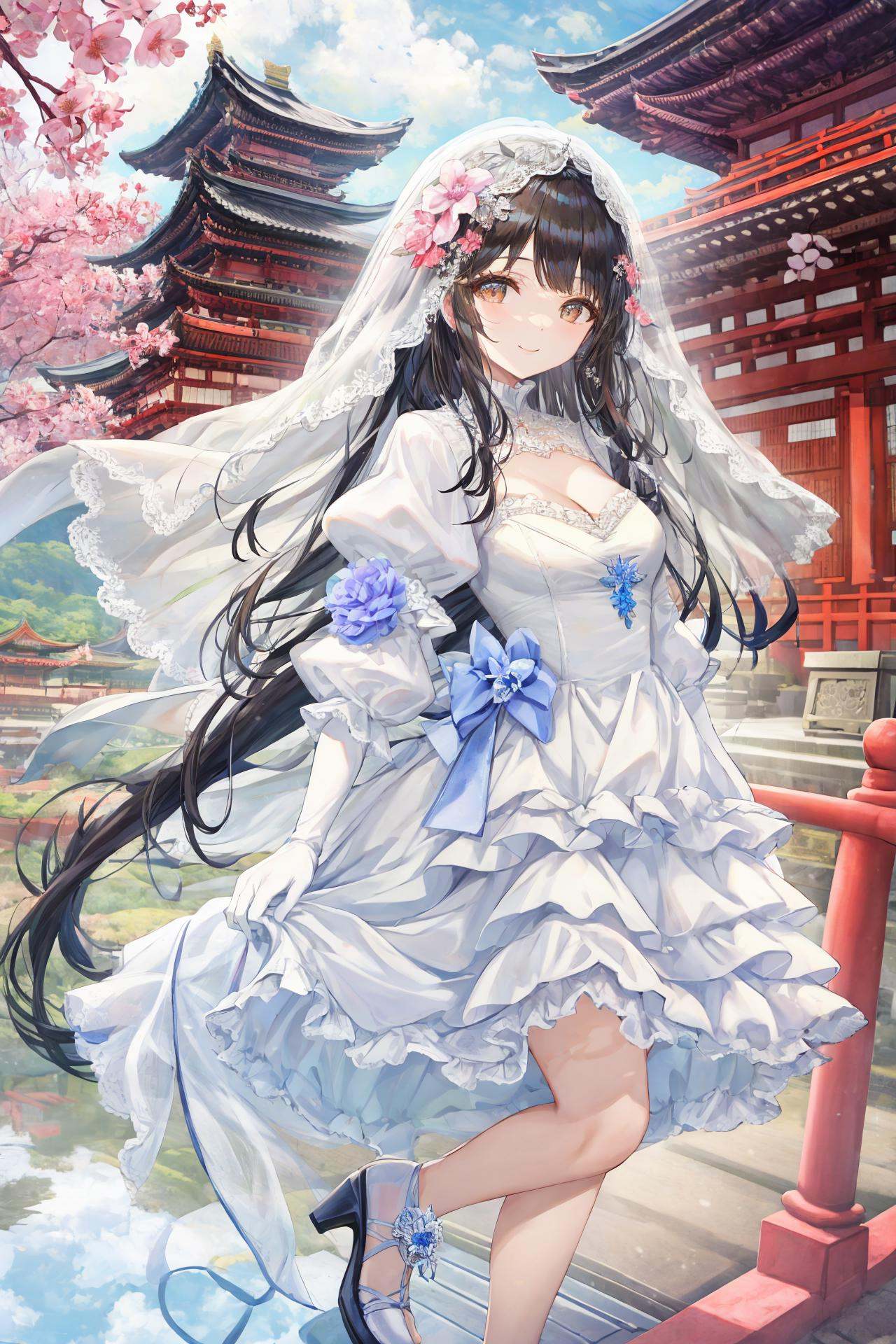 scenery, tree, east asian architecture, architecture, outdoors, reflection, building, nature ,1girl, dress, solo, long hair, white dress, full body, black hair, breasts, veil, high heels, cleavage, very long hair, white footwear, parted bangs, white gloves, gloves, white background, looking at viewer, bangs, long sleeves, flower, hair ornament, puffy sleeves, bridal veil, wedding dress, layered sleeves, elbow gloves, frills, smile, medium breasts  <lora:TorinoEX-000062:1>, <lora:﷿丽的光影:0.2>,<lora:add_detail:0.35>, <lora:adaptedmodel:0.35>