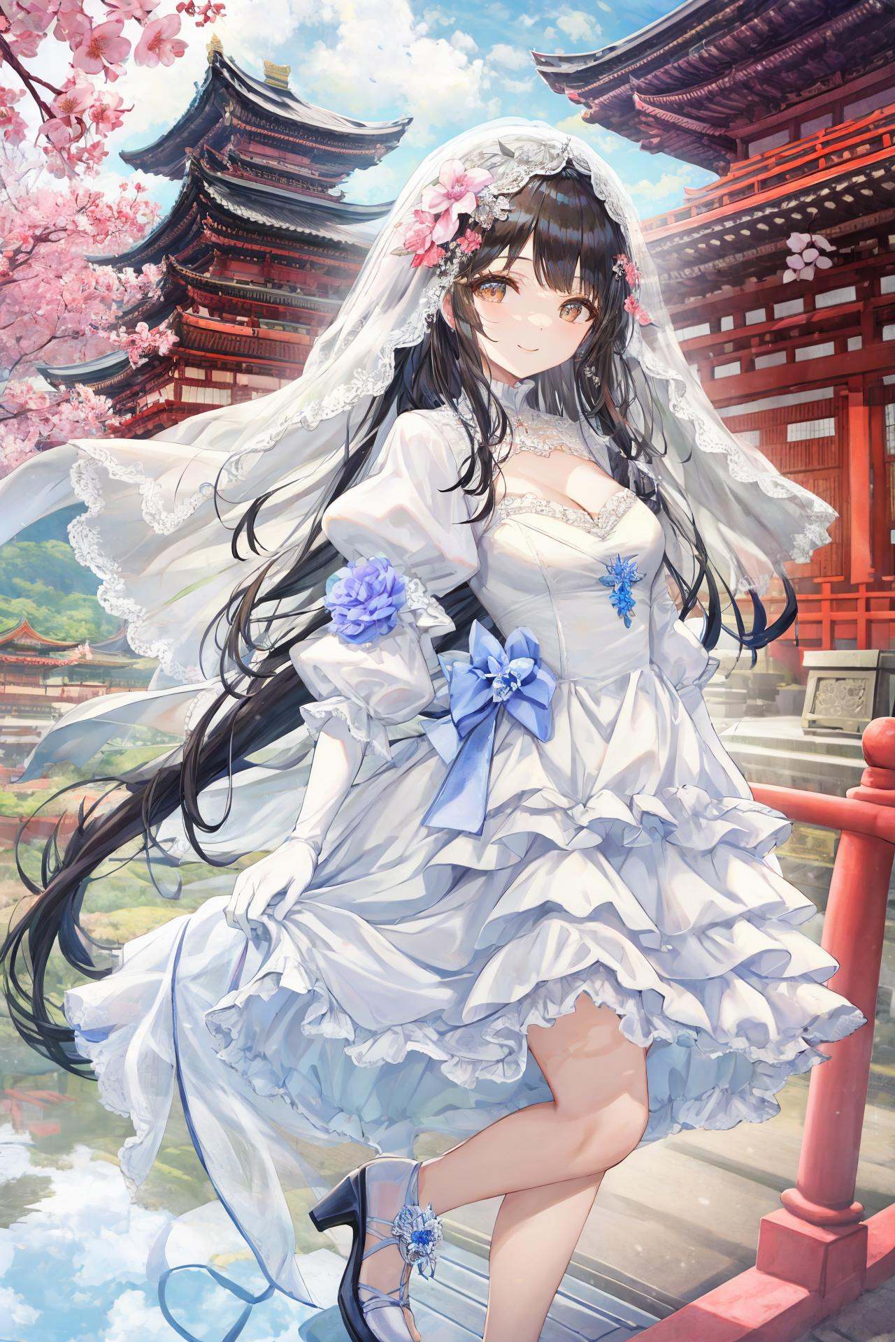 scenery, tree, east asian architecture, architecture, outdoors, reflection, building, nature ,1girl, dress, solo, long hair, white dress, full body, black hair, breasts, veil, high heels, cleavage, very long hair, white footwear, parted bangs, white gloves, gloves, white background, looking at viewer, bangs, long sleeves, flower, hair ornament, puffy sleeves, bridal veil, wedding dress, layered sleeves, elbow gloves, frills, smile, medium breasts  <lora:TorinoEX-000062:1>, <lora:﷿丽的光影:0.2>,<lora:add_detail:0.35>, <lora:adaptedmodel:0.35>