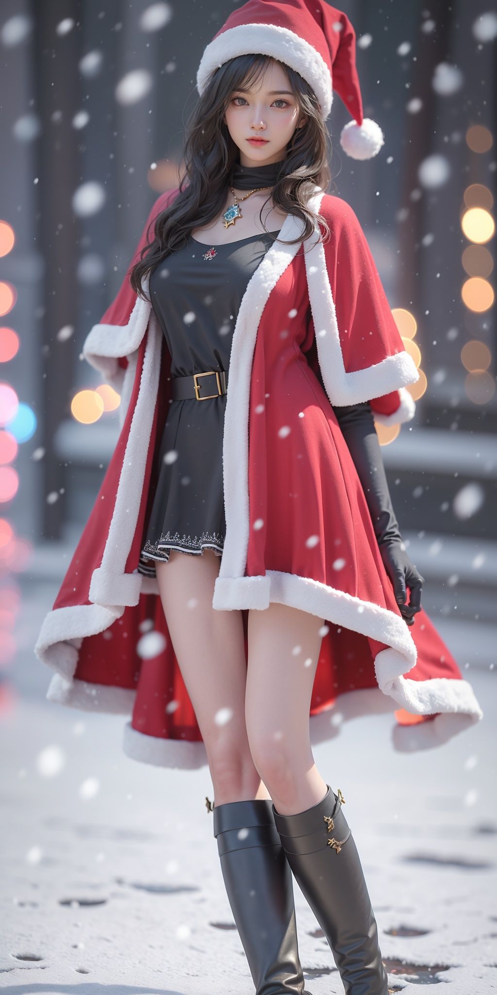 <lora:SHENGDAN_20231218215514:0.75>,<lora:HDR:0.5>,SHENGDAN,1girl,solo,hat,long hair,santa hat,blurry,fur trim,red capelet,black hair,bangs,blurry background,depth of field,red headwear,snowing,(black eyes:1.4),santa,red dress,, (raw photo:1.2),((photorealistic:1.4))best quality,masterpiece,illustration,an extremely delicate and beautiful,extremely detailed,CG,unity,8k wallpaper,Amazing,finely detail,masterpiece,best quality,official art,extremely detailed CG unity 8k wallpaper,absurdres,incredibly absurdres,huge filesize,ultra-detailed,highres,extremely detailed,beautiful detailed girl,cinematic lighting,1girl,pale skin,tall female,(perfect body shape),skinny body,Slender legs,