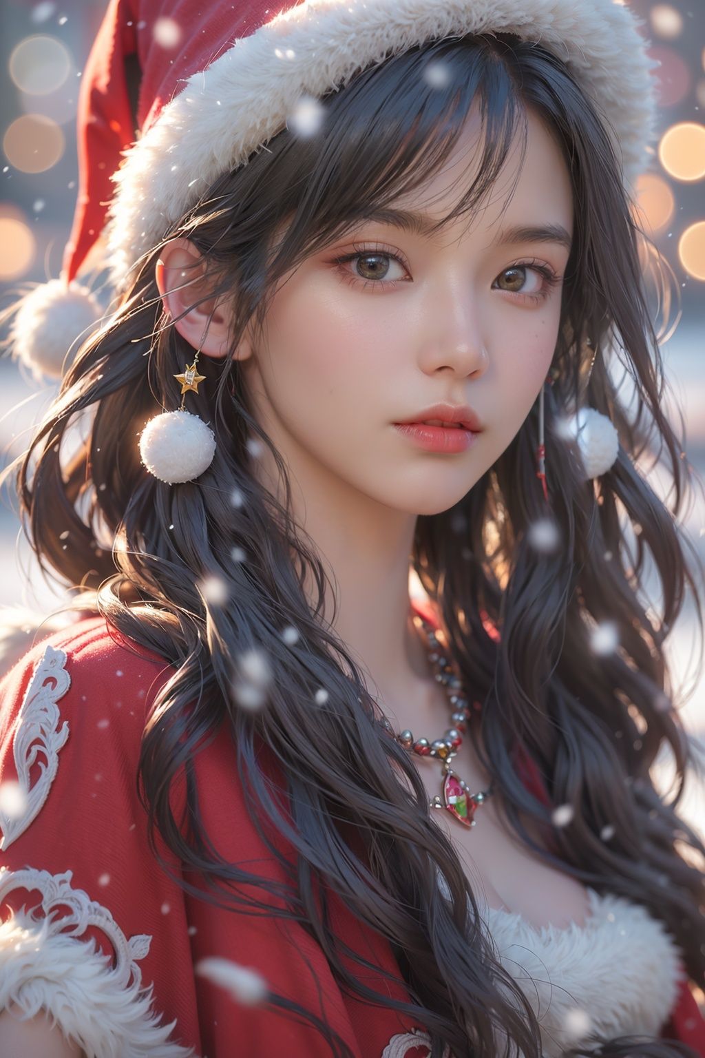 <lora:SHENGDAN_20231218215514:0.75>,<lora:HDR:0.5>,SHENGDAN,1girl,solo,hat,long hair,santa hat,blurry,capelet,dress,fur trim,red capelet,black hair,bangs,blurry background,depth of field,red headwear,snowing,upper body,big breast,black eyes,, (raw photo:1.2),((photorealistic:1.4))best quality,masterpiece,illustration,an extremely delicate and beautiful,extremely detailed,CG,unity,8k wallpaper,Amazing,finely detail,masterpiece,best quality,official art,extremely detailed CG unity 8k wallpaper,absurdres,incredibly absurdres,huge filesize,ultra-detailed,highres,extremely detailed,beautiful detailed girl,cinematic lighting,1girl,pale skin,tall female,(perfect body shape),skinny body,Slender legs,
