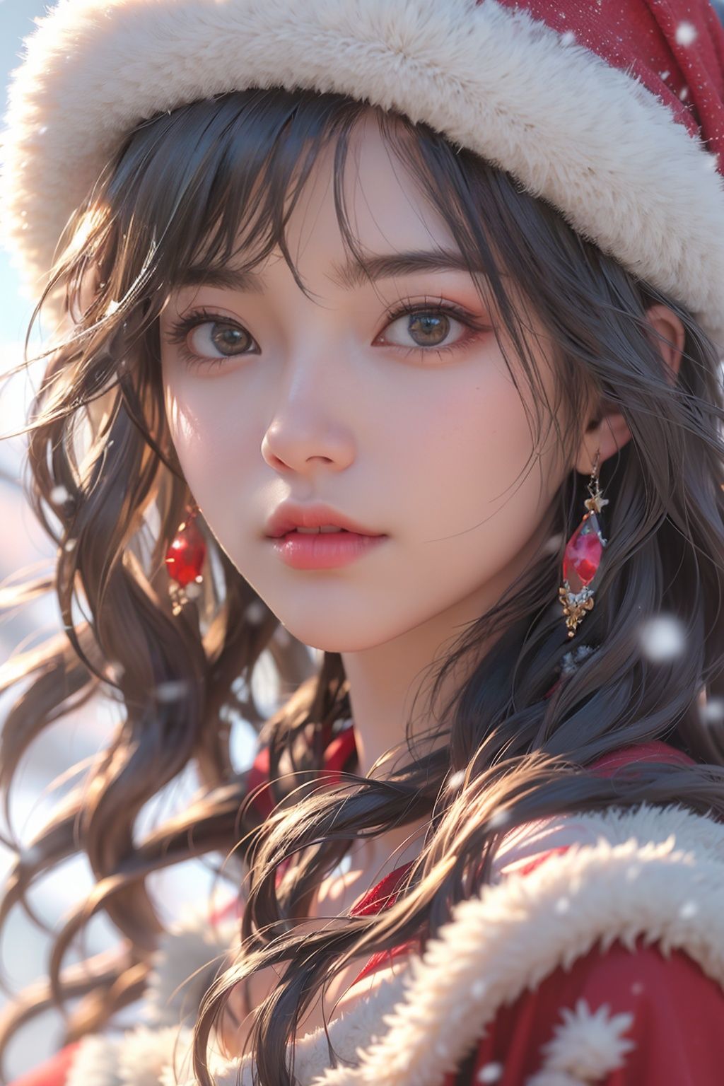 <lora:SHENGDAN_20231218215514:0.75>,<lora:HDR:0.5>,SHENGDAN,1girl,solo,hat,long hair,santa hat,blurry,capelet,dress,fur trim,red capelet,black hair,bangs,blurry background,depth of field,red headwear,snowing,upper body,big breast,(black eyes:1.4),, (raw photo:1.2),((photorealistic:1.4))best quality,masterpiece,illustration,an extremely delicate and beautiful,extremely detailed,CG,unity,8k wallpaper,Amazing,finely detail,masterpiece,best quality,official art,extremely detailed CG unity 8k wallpaper,absurdres,incredibly absurdres,huge filesize,ultra-detailed,highres,extremely detailed,beautiful detailed girl,cinematic lighting,1girl,pale skin,tall female,(perfect body shape),skinny body,Slender legs,