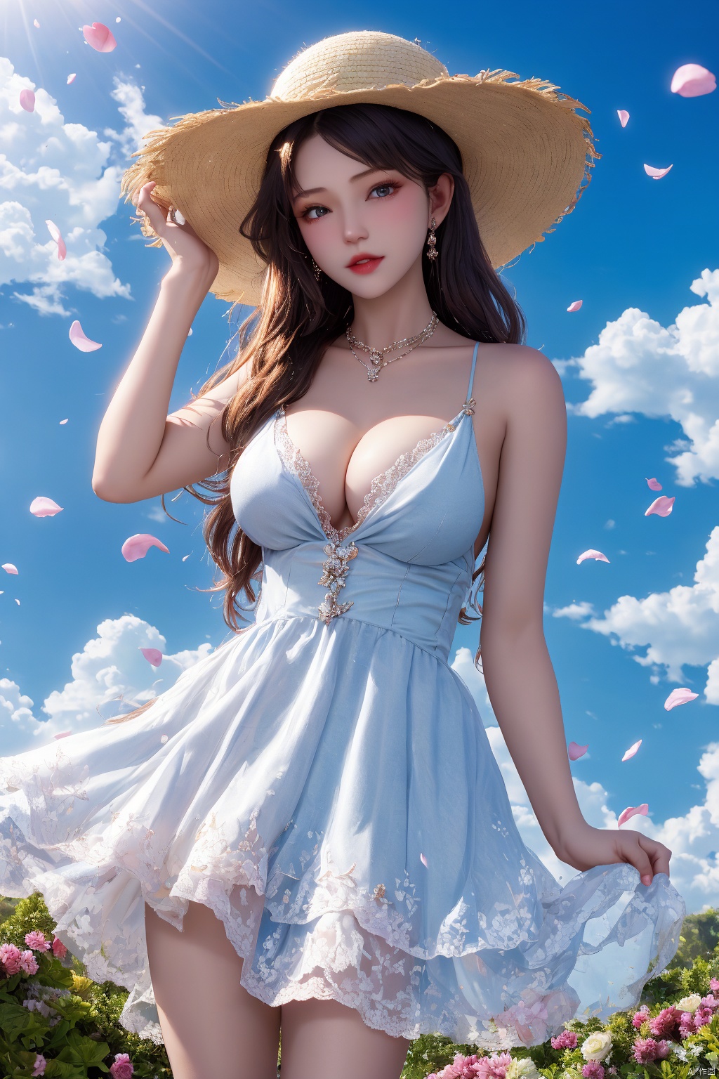 masterpiece,  1 girl,  18 years old,  Look at me,  long_hair,  straw_hat,  Wreath,  petals,  Big breasts,  Light blue sky,  Clouds,  hat_flower,  jewelry,  Stand,  outdoors,  Garden,  falling_petals,  White dress,  textured skin,  super detail,  best quality,  HUBG_Rococo_Style(loanword),  shengcaier,<lora:EMS-244937-EMS:0.300000>,<lora:EMS-244923-EMS:0.800000>