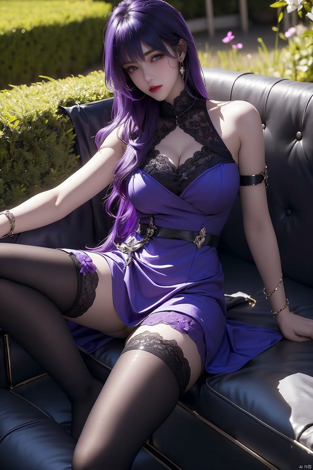 1girl,  boobs, full_ body, long hair,  thighhighs,  jewelry,  solo,  dress,  blue dress,  cleavage, Stretch one's legs, purple eyes,  bracelet,  Lie down on the couch,  bare shoulders,  purple hair,  sleeveless dress,  bangs,  Sunny garden,  breasts,  very long hair,  sleeveless,  black thighhighs,  black hair,  closed mouth,  lace-trimmed legwear,  gem,  red lips,  lace-trimmed dress,  lace Leg posture,  shengcaier,  tentacle-pit, Deep view, full body,<lora:EMS-244923-EMS:0.800000>,<lora:EMS-80191-EMS:0.600000>