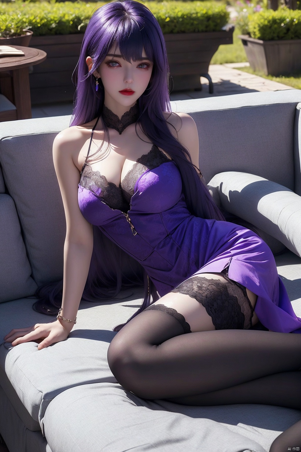 1girl,  boobs, full_ body, long hair,  thighhighs,  jewelry,  solo,  dress,  blue dress,  cleavage, Stretch one's legs, purple eyes,  bracelet,  Lie down on the couch,  bare shoulders,  purple hair,  sleeveless dress,  bangs,  Sunny garden,  breasts,  very long hair,  sleeveless,  black thighhighs,  black hair,  closed mouth,  lace-trimmed legwear,  gem,  red lips,  lace-trimmed dress,  lace Leg posture,  shengcaier,  tentacle-pit, Deep view, full body,<lora:EMS-244923-EMS:0.800000>,<lora:EMS-80191-EMS:0.600000>