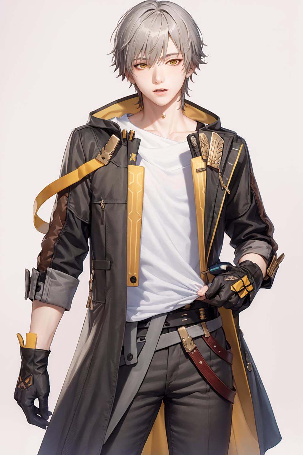 masterpiece, best quality, <lora:trailblazer:1>,,trailblazer, 1boy, male focus, gloves, short hair,white hair,bangs,yellow eyes,white shirt,jacket,pants,belt,open jacket,jewelry, coat,grey background, cowboy shot, 