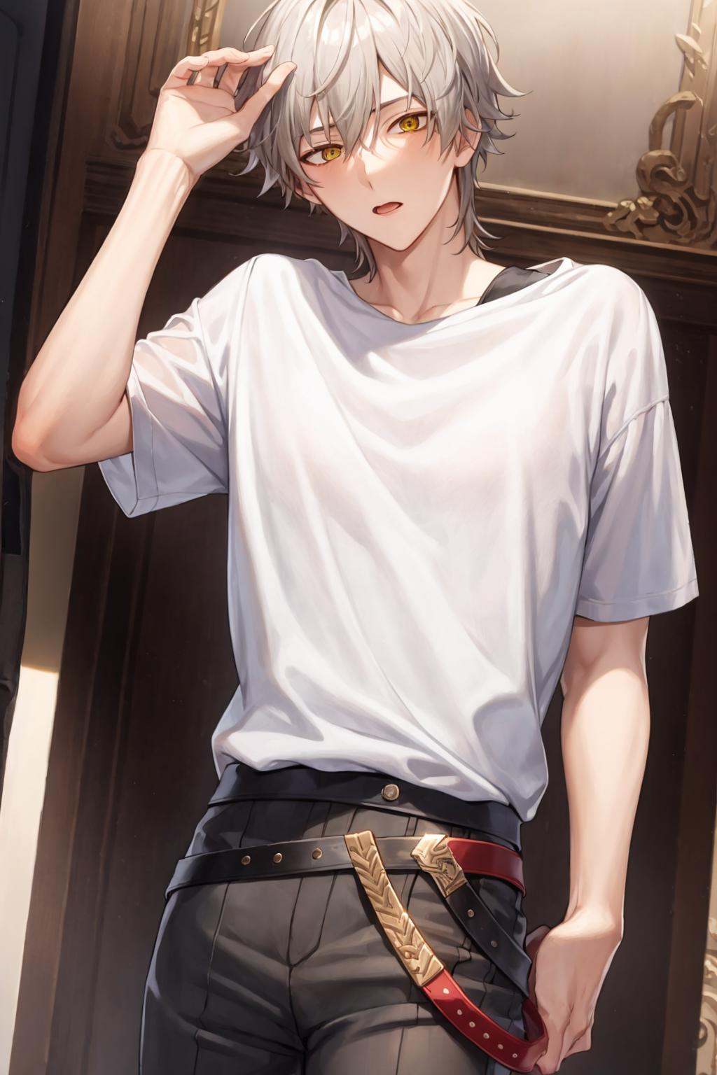 masterpiece, best quality, <lora:trailblazer:1>,, 1boy,male focus,short hair,white hair,yellow eyes,white shirt,short sleeves,pants,belt,