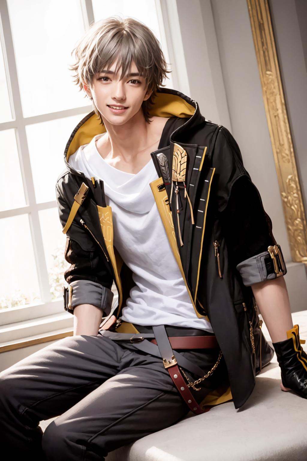 masterpiece, best quality, <lora:trailblazer:1>,trailblazer, 1boy, male focus, gloves, shirt, solo, yellow eyes, jacket, white shirt, black gloves, fingerless gloves, looking at viewer, pants, smile, black jacket, sitting, black pants, bangs, white hair, open clothes, open jacket, short hair, hood, hair between eyes, window, grey hair, belt, indoors, teeth, grin, parted lips, hooded jacket, artist name, long sleeves, collarbone, short sleeves