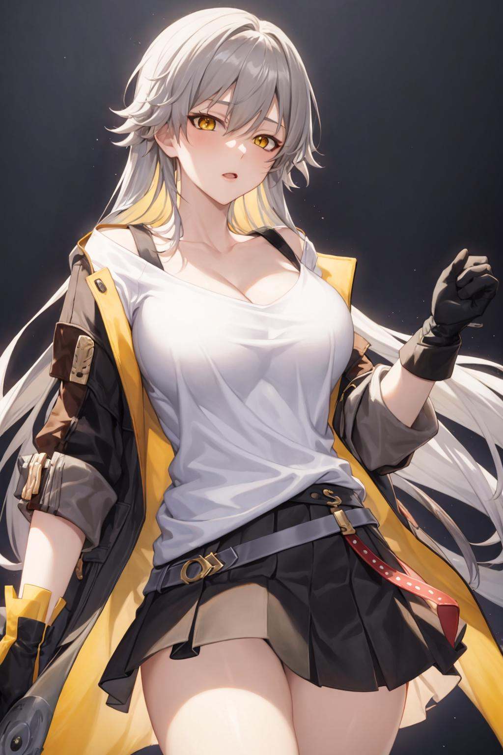 masterpiece, best quality, <lora:trailblazer:1>,large breasts,, 1girl, gloves, long hair,very long hair,white hair,bangs,yellow eyes,white shirt,jacket,belt,open jacket,jewelry, coat,black skirt,short skirtgrey background, cowboy shot,