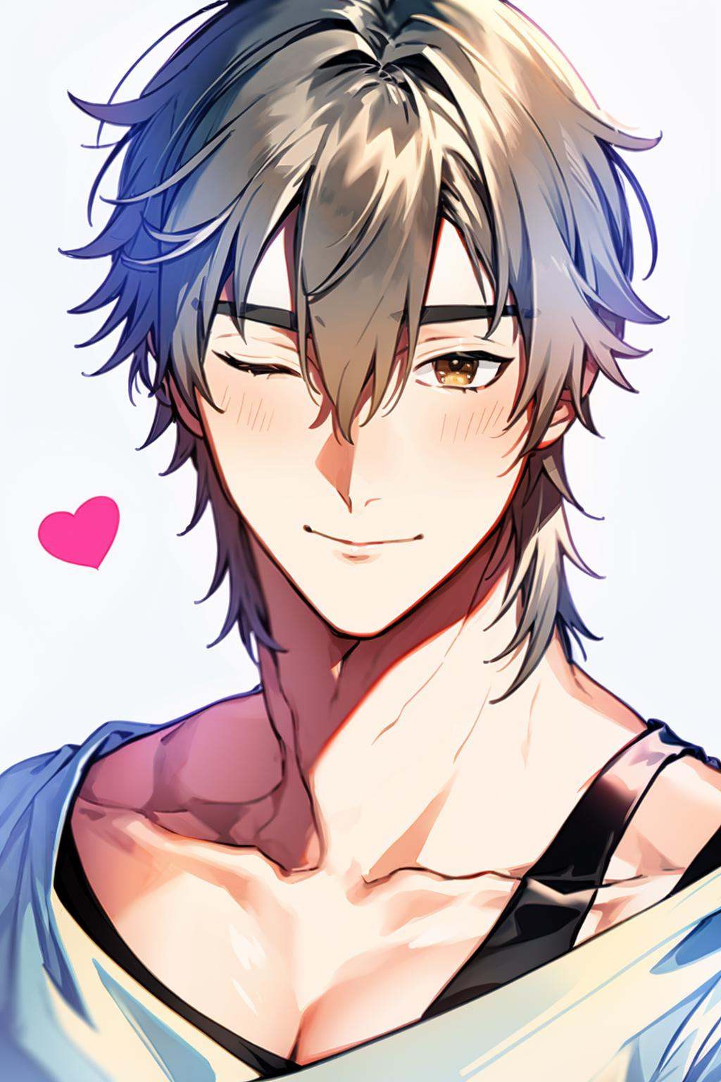 masterpiece, best quality,    <lora:trailblazer:1>, <lora:fstyle01-000010:1>,trailblazer, 1boy, male focus, smile, solo, closed eyes, heart, blush, white shirt, simple background, short hair, **** top, collarbone, facing viewer, upper body, white background, grey hair, brown hair, grin, hair between eyes, bangs, grey background, black **** top, black shirt, portrait, teeth