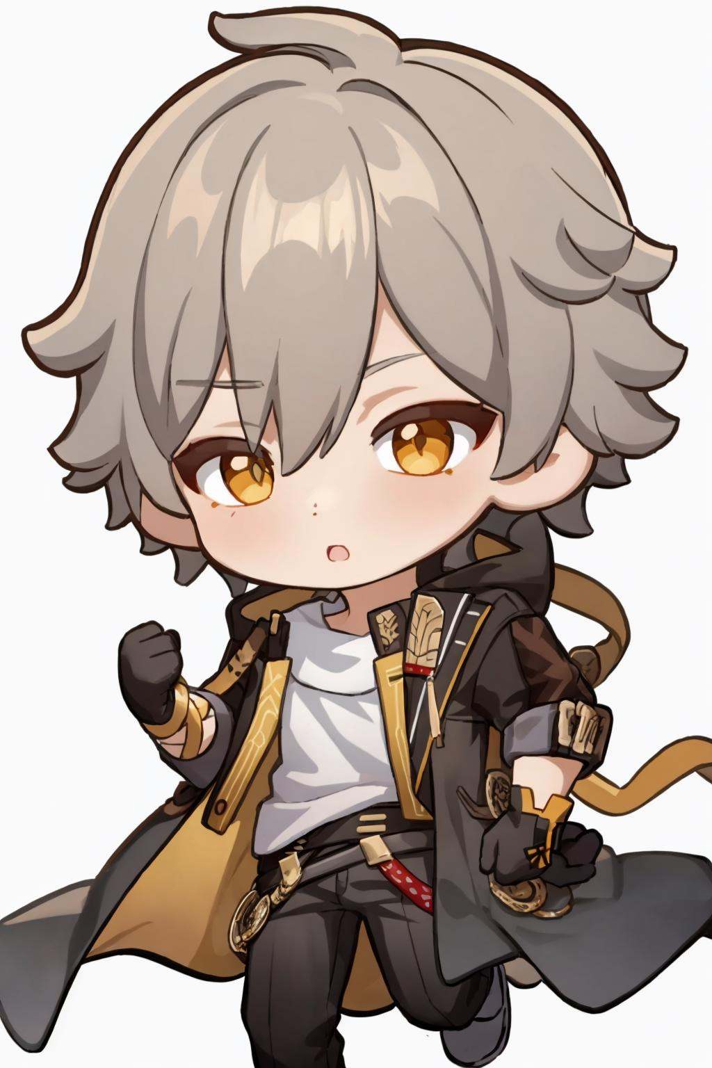masterpiece, best quality, <lora:trailblazer:1>,chibi,, 1boy, male focus, gloves, short hair,white hair,bangs,yellow eyes,white shirt,jacket,pants,belt,open jacket,jewelry, coat,white background, 