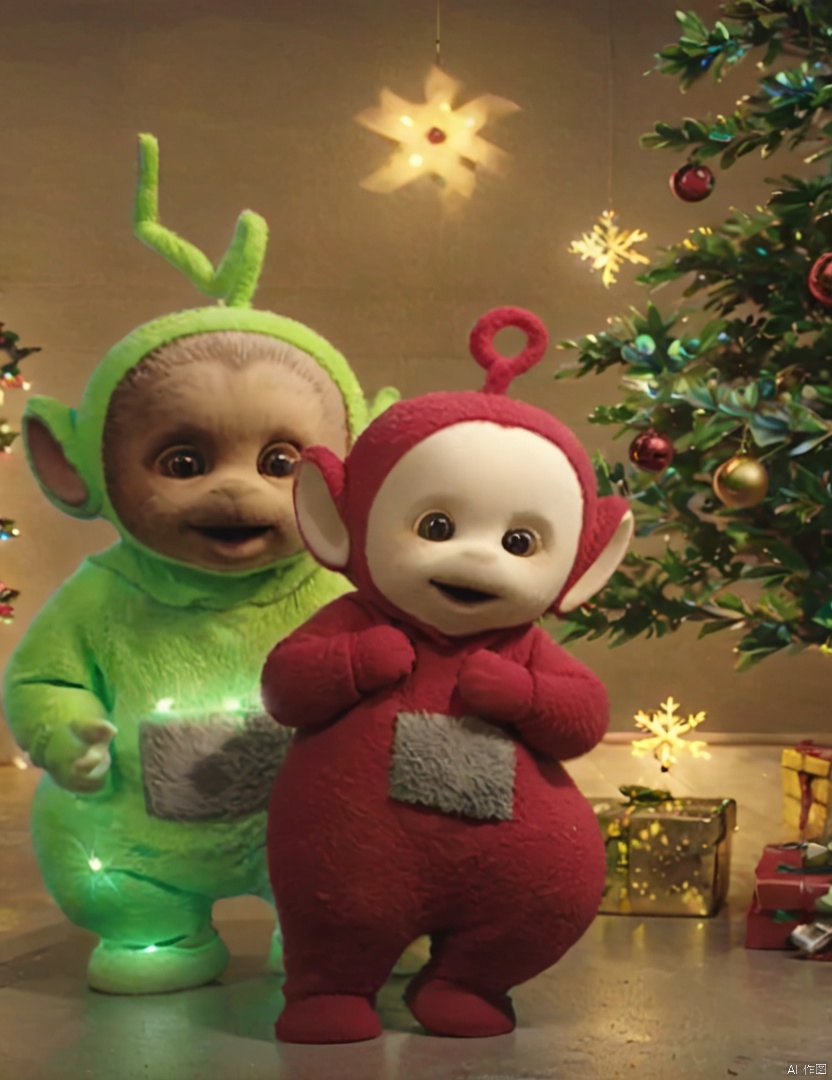  ultra realistic 8k cg,(incredibly absurdres, ultra-detailed,CG ,unity ,8k wallpaper),(realistic,photorealistic:1.3),(raw photo:1.3), (masterpiece:1.3),(best quality:1.3),huge filesize, teletubbiesxl, bailing_monster,mitsu_masaya, poakl christmas style, Color snapshot, The whole picture should be very bright, and the baby should be cute and glow slightly. (matte:1.5), QMSJ