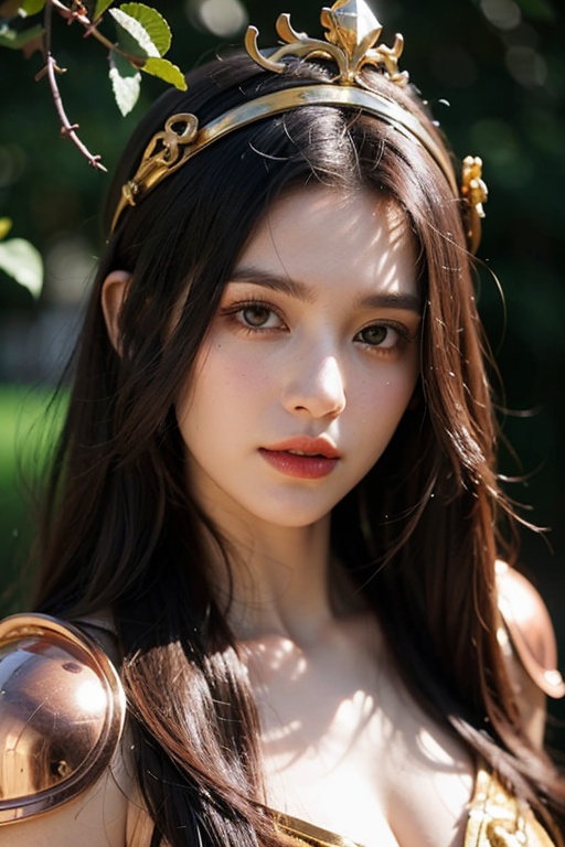 ultra detailed druid goddess with a crown made out of pure light,  kind-hearted with a penetrating gaze,  golden glow on T...