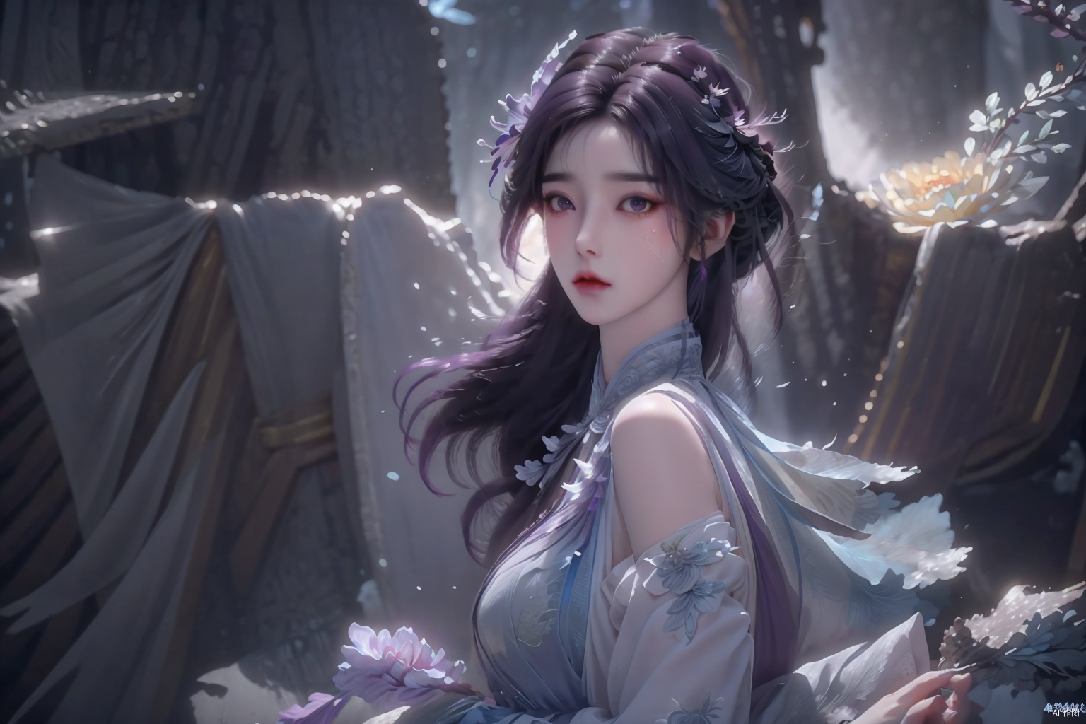  masterpiece,(best quality),official art, extremely detailed cg 8k wallpaper,((crystalstexture skin)), (extremely delicate and beautiful),highly detailed,1girl,solo,long hair,(ruhua:1.3), (purple hair:1.3), dress,(full_body:1.3),