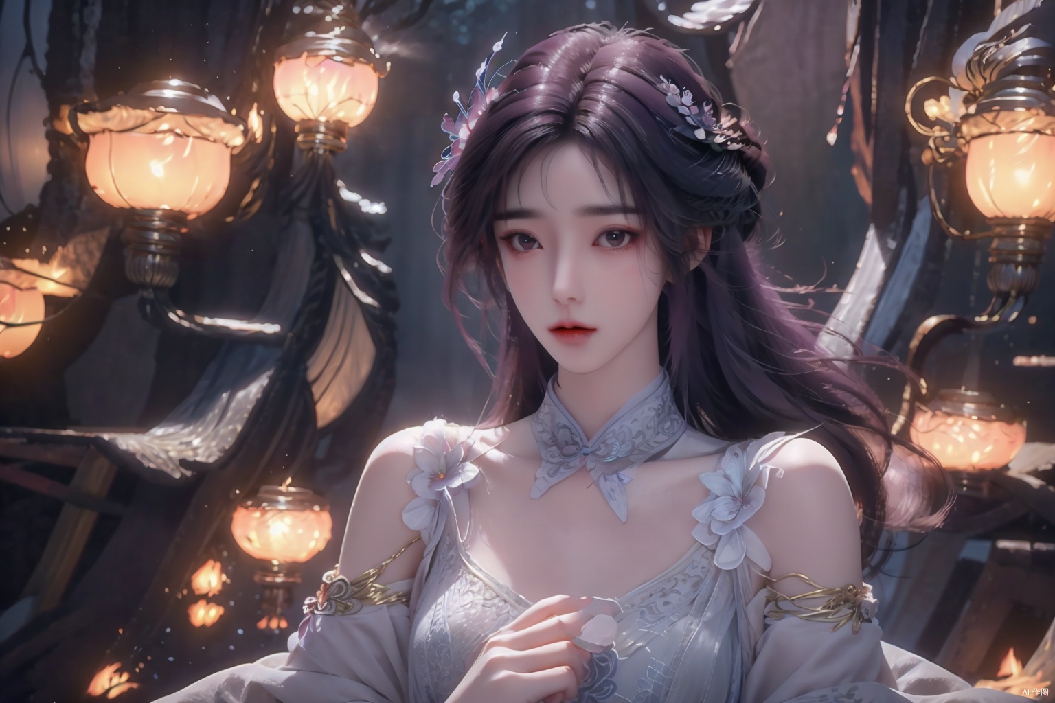  masterpiece,(best quality),official art, extremely detailed cg 8k wallpaper,((crystalstexture skin)), (extremely delicate and beautiful),highly detailed,1girl,solo,long hair,ruhua, purple hair, sssr