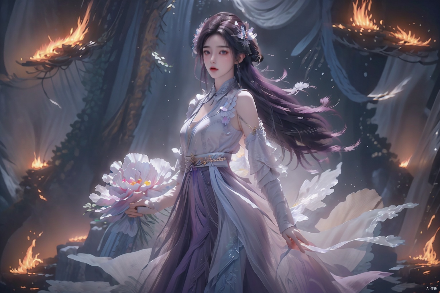  masterpiece,(best quality),official art, extremely detailed cg 8k wallpaper,((crystalstexture skin)), (extremely delicate and beautiful),highly detailed,1girl,solo,long hair,(ruhua:1.3), (purple hair:1.3), dress,(full_body:1.3),