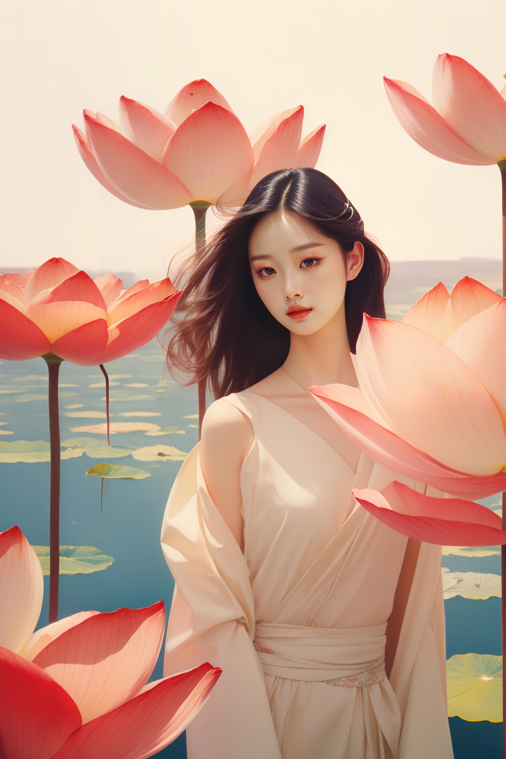  1girl,lotus, honghuang, Film Photography