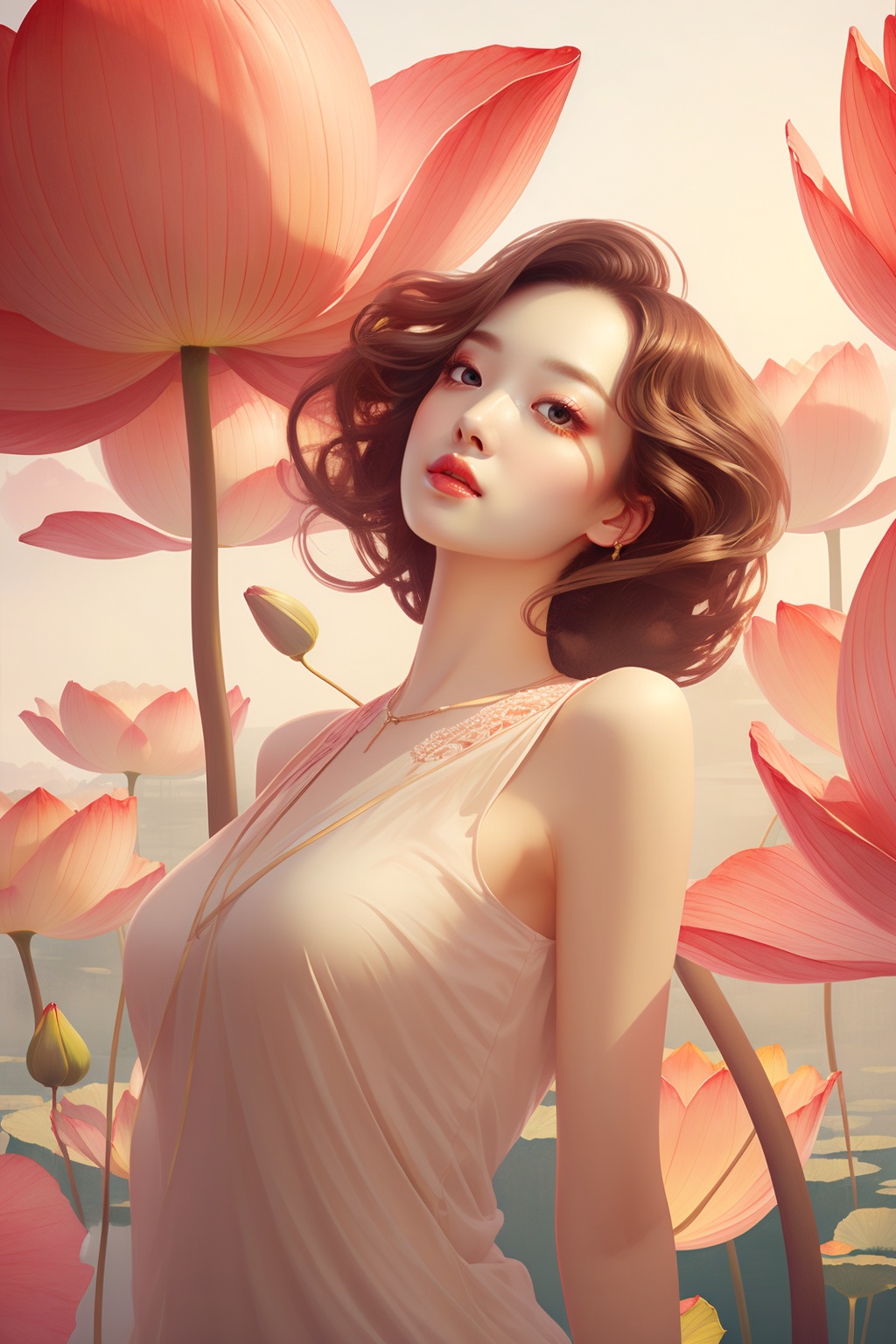  1girl,lotus,dress, honghuang, low angle, big eyes