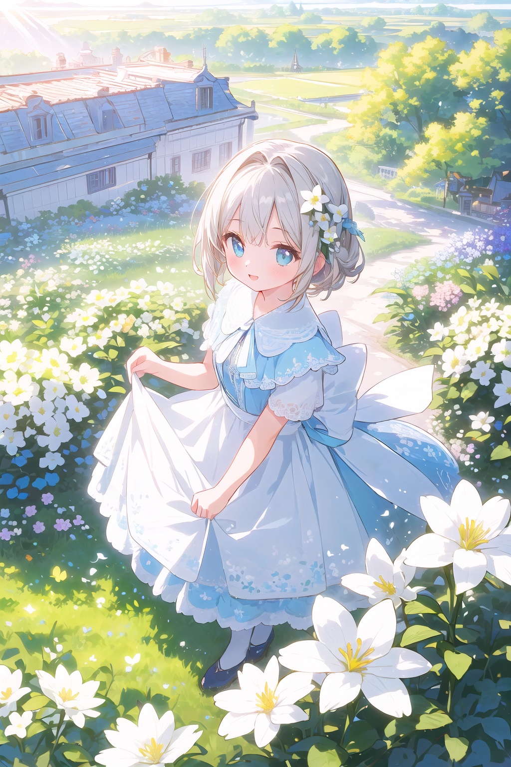 (official art, 8k wallpaper, ultra detailed, High quality, best quality),white flowers,1girl,from above,bird's-eye_view,vintage filter,among flowers,backlight,limited_palette,white,field s of flowers,