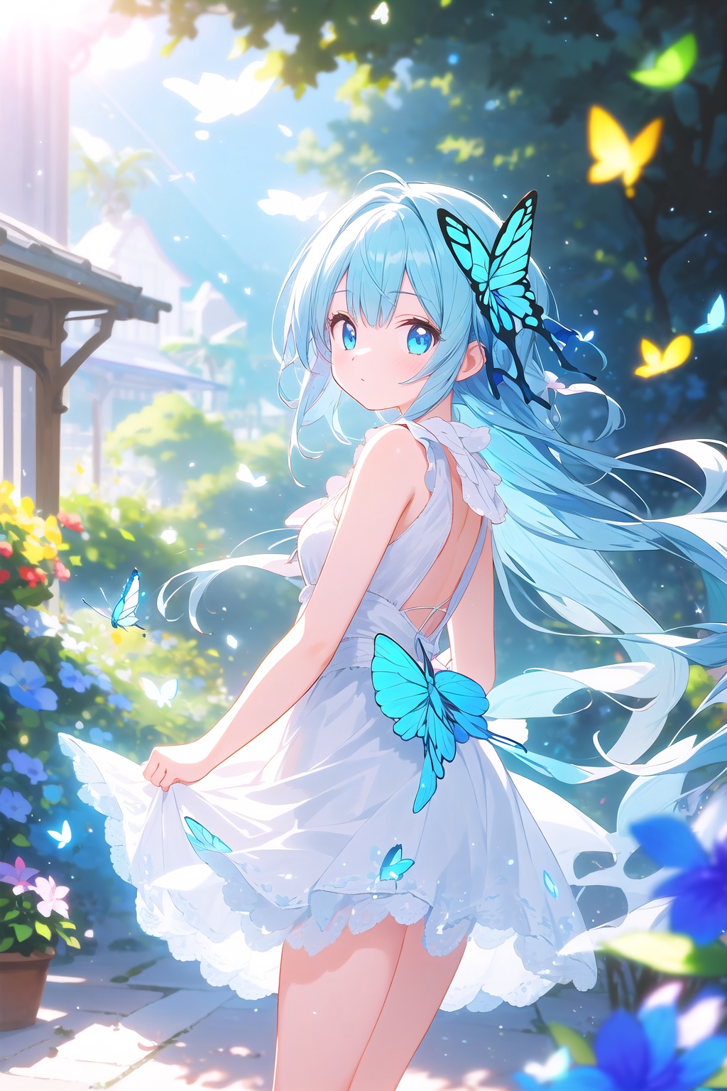 wide shot,(depth of field),global illumination,soft shadows,grand scene,backlight,lens flare,((colorful refraction)),((cinematic lighting)),in the market,from side,looking outside,with butterfly,1girl with lightblue long hair and blue aqua eyes,hair flowers,hime cut,sunlight,blurry background,blurry,White Dress,