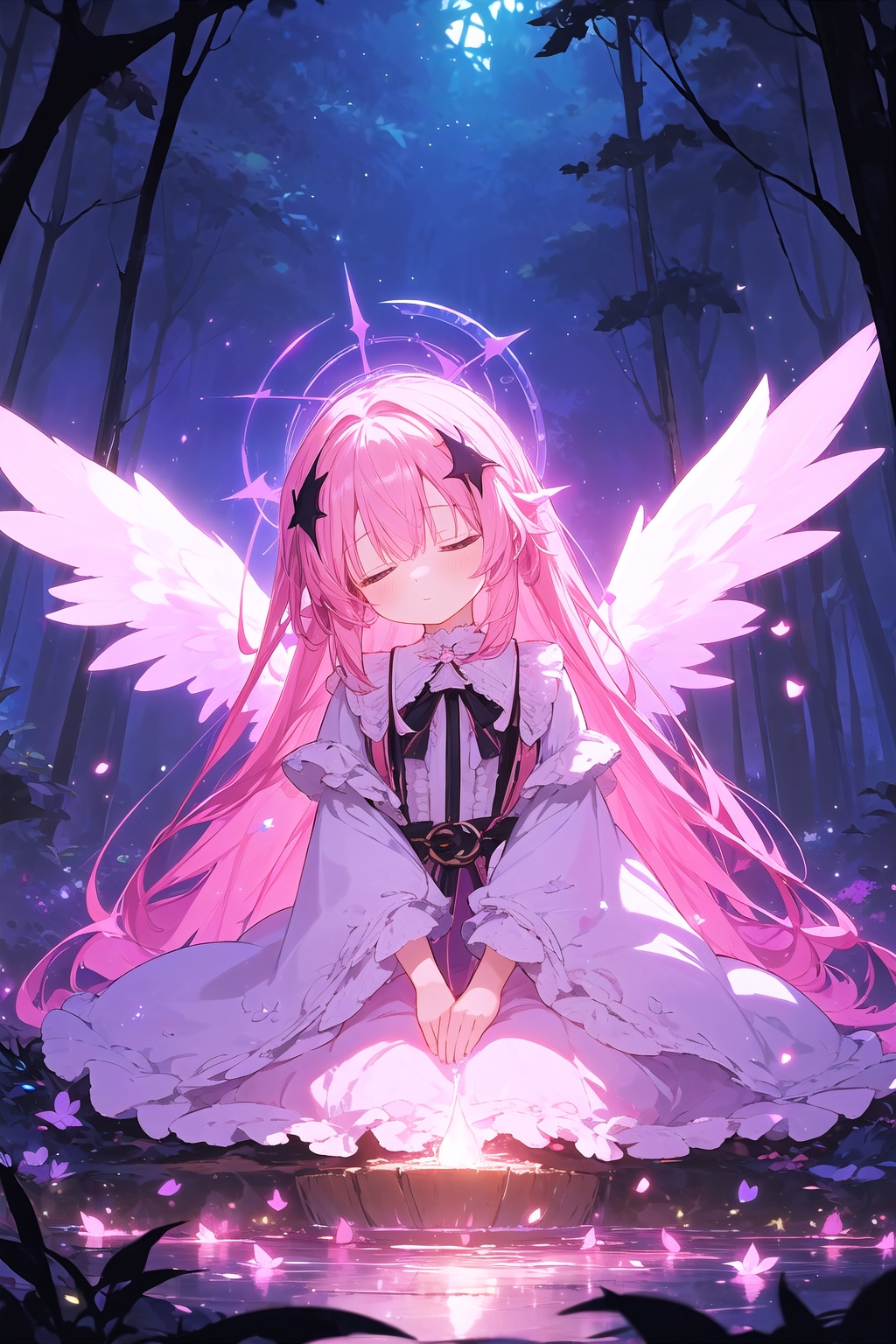 1girl, (loli), colorful longhair, frilled skinny pink robe, small breast, in the night, crescent, black tiny angel wings, soft smile, sleeping forest, fantasy view, fountain, eerie moods, glitch, luminous, illusion effect, dof, powder light