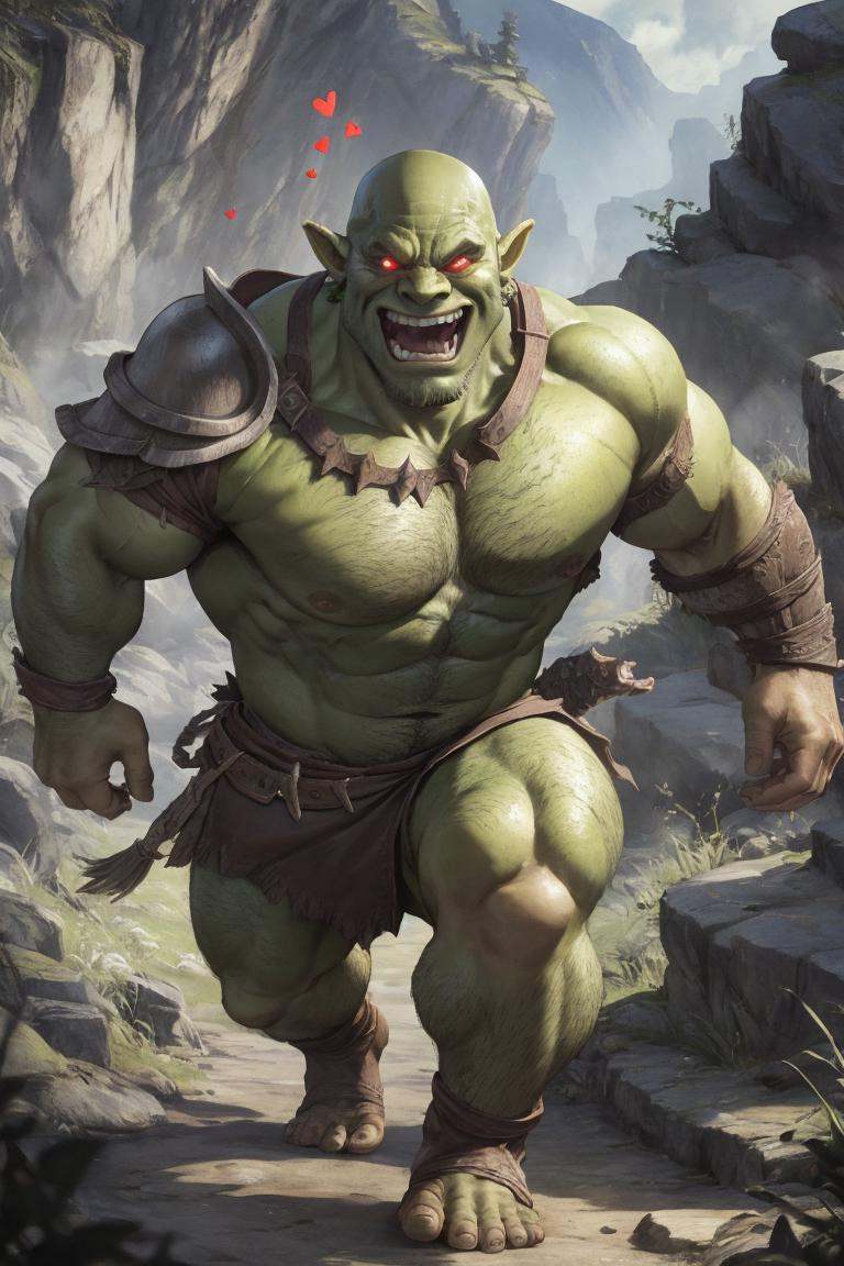 grinning,  pov,  face portrait of an orc warrior in an aggressive stance on Tensor.Art