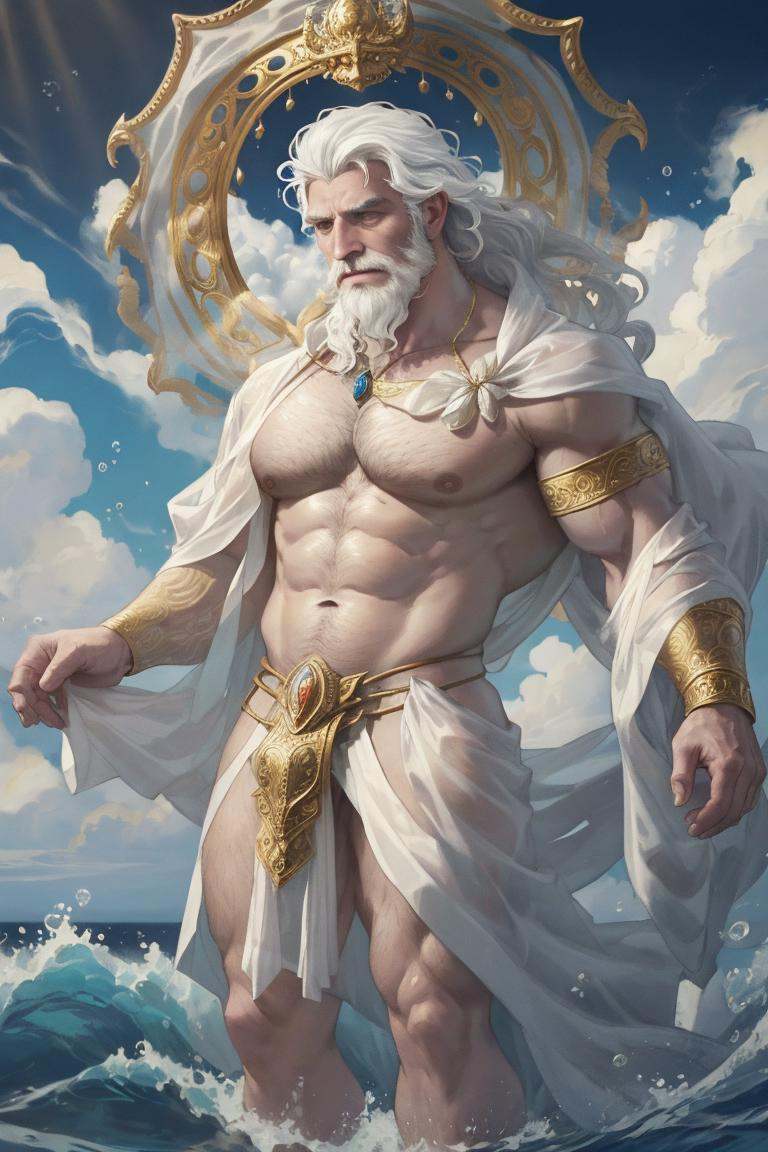 face portrait of Proteus the god of the ocean shrouded in mysterious swirling waves,  wearing open silk robes with intrica...