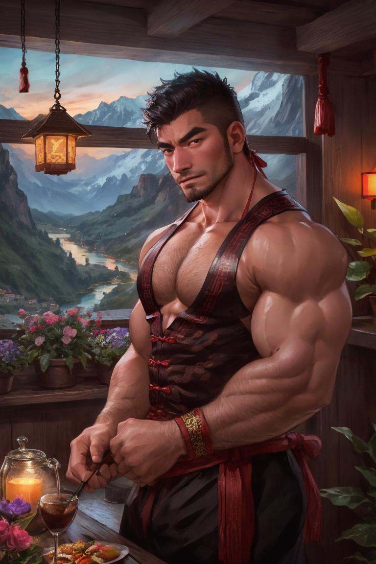 face portrait of a gruff muscular Chinese man wearing stylish clothes in a cozy mountain inn overlooking a valley,  manly,...